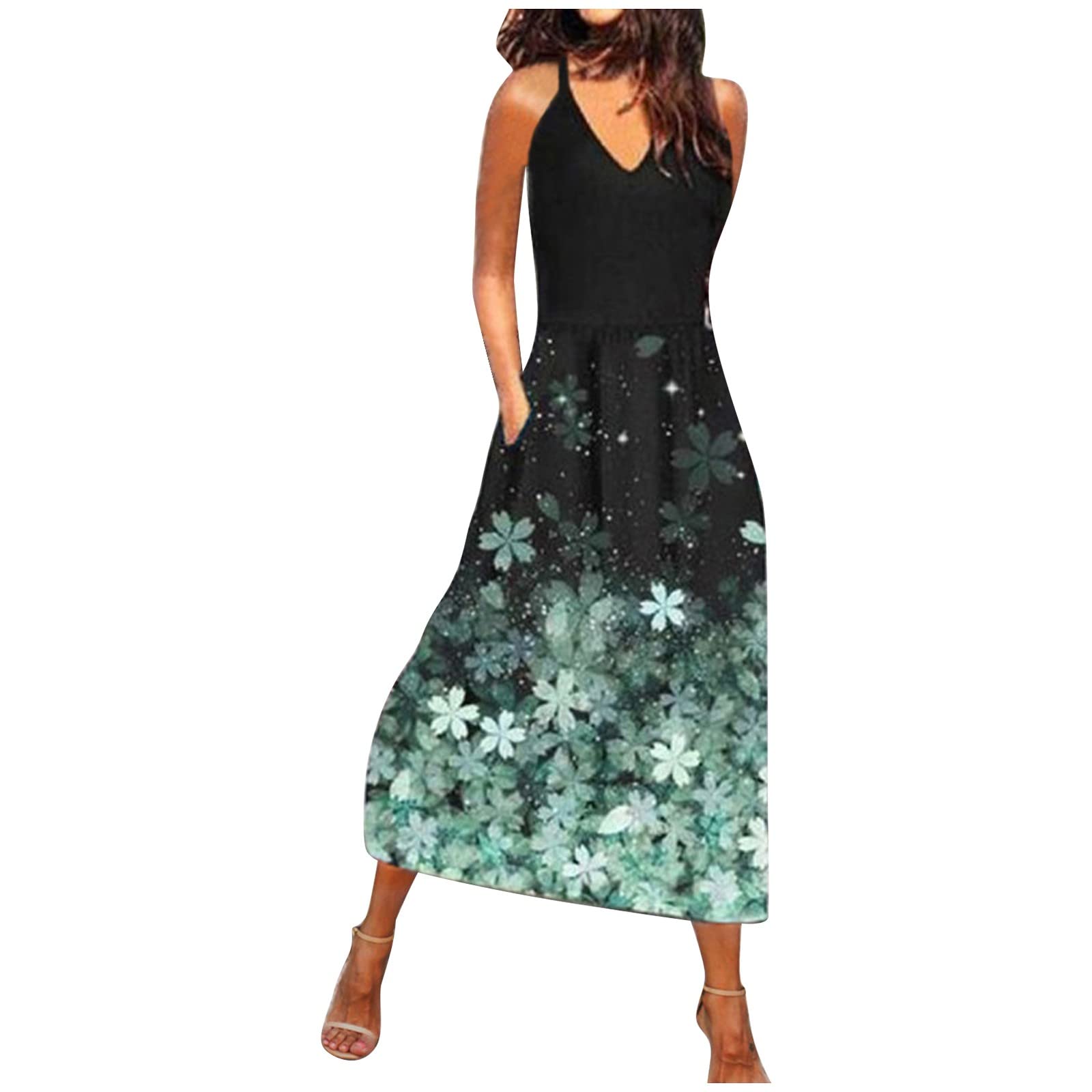 Women's Summer Dresses 2022 - Floral Spaghetti Strap Casual Long Maxi Dress for Beach, Vacation & Outdoor Parties