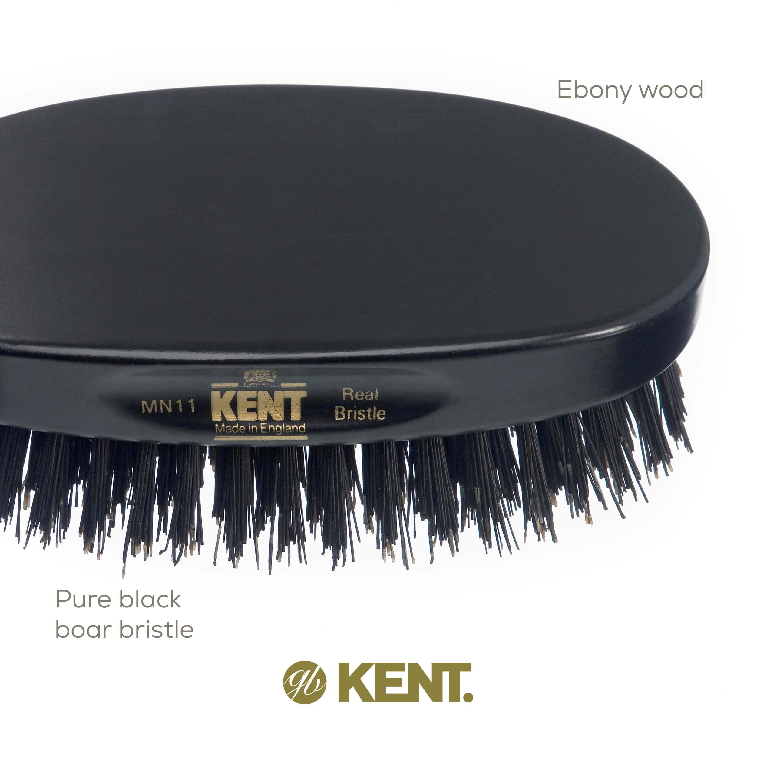 Kent MN11 Premium Men's Hair & Beard Brush - Natural Black Boar Bristle for Grooming, Scalp Massage & 360 Waves - Perfect for Daily Styling & Beard Care at Home or Travel