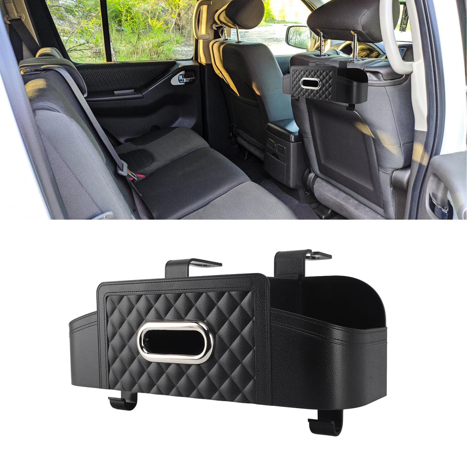 Car Backseat Tissue Box Holder - Plastic Multifunctional Storage Organizer with Cup Holder for Travel Accessories (Black) | Perfect for Road Trips & Family Car Organization