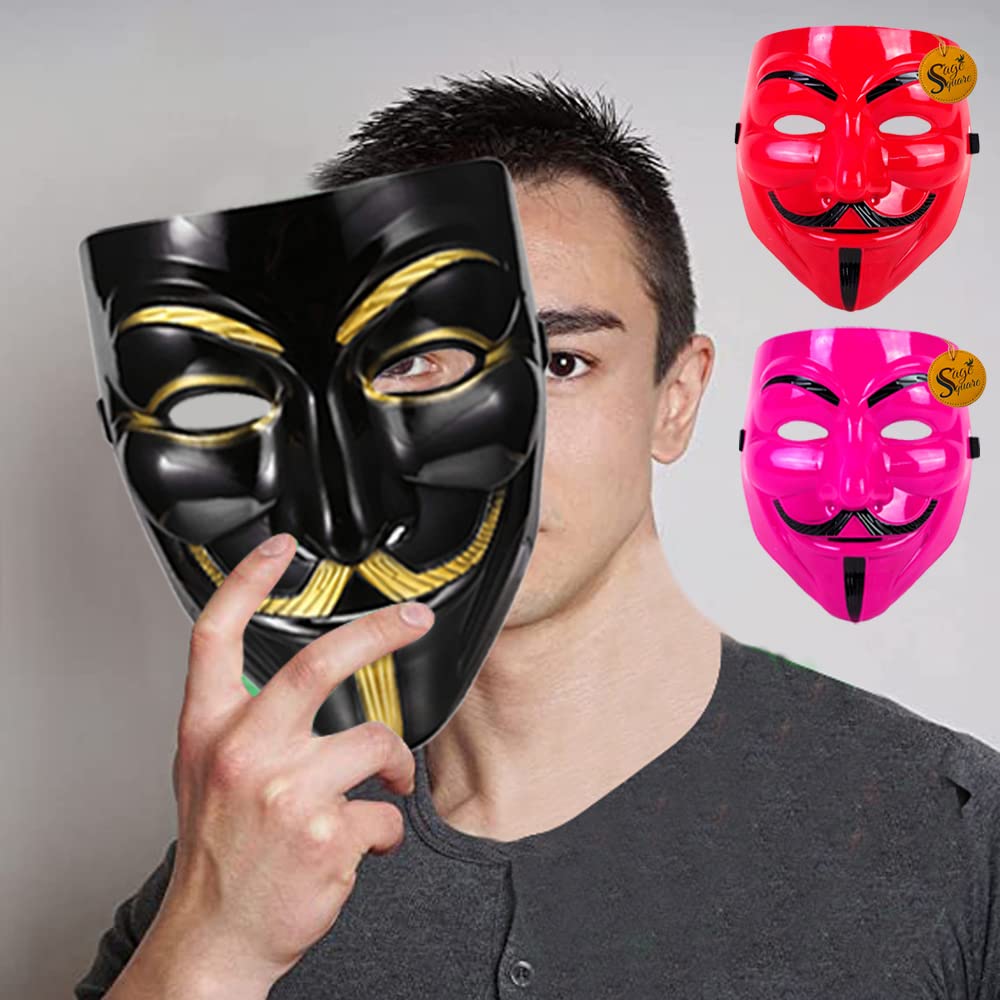 V for Vendetta Anonymous VIP Edition Face Mask - Sage Square Black, Pink & Red Set of 3 | Perfect Fit Cosplay Mask for Halloween, Protests & Movie Costumes | Fawkes Guy Fawkes Mask for Adults