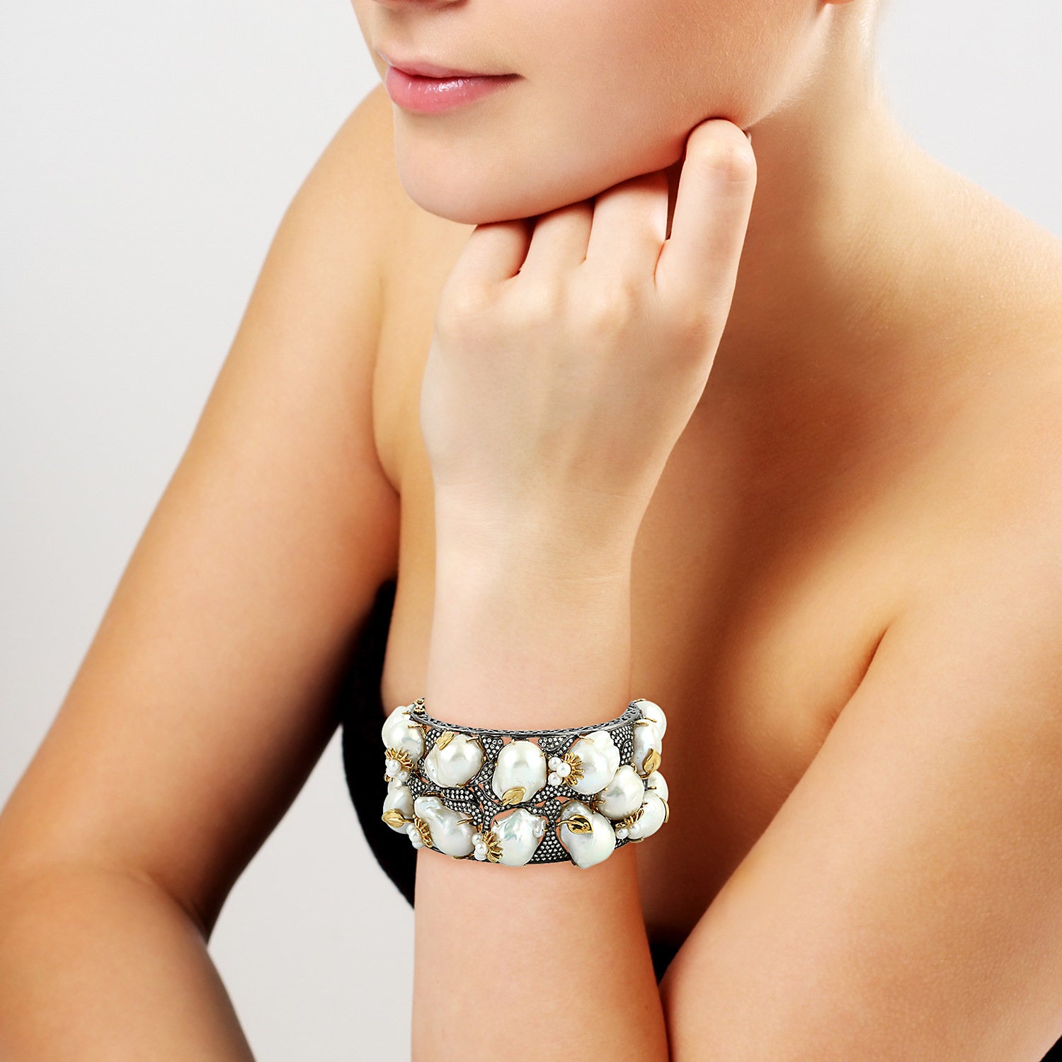 Baroque Pearl Pave Diamond & Sapphire Bangle Bracelet - 925 Sterling Silver Gold Plated Jewelry for Women, Gift for Anniversary, Wedding, Party