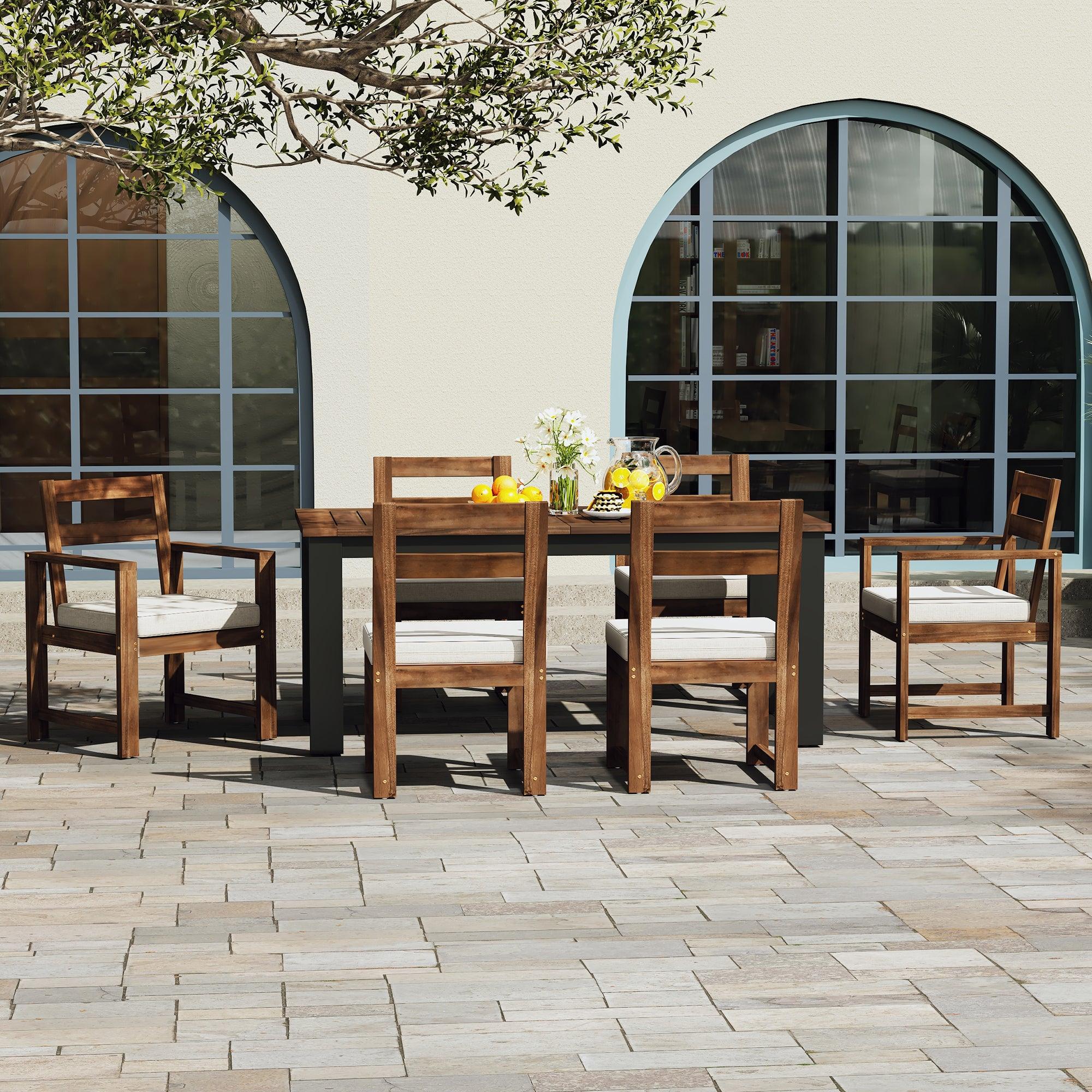 7-Piece Outdoor Patio Dining Set - Wooden Table with Umbrella Hole & 6 Chairs (2 Armchairs + 4 Side Chairs) for Garden, Backyard, Poolside - Perfect for BBQs, Family Gatherings & Outdoor Entertaining