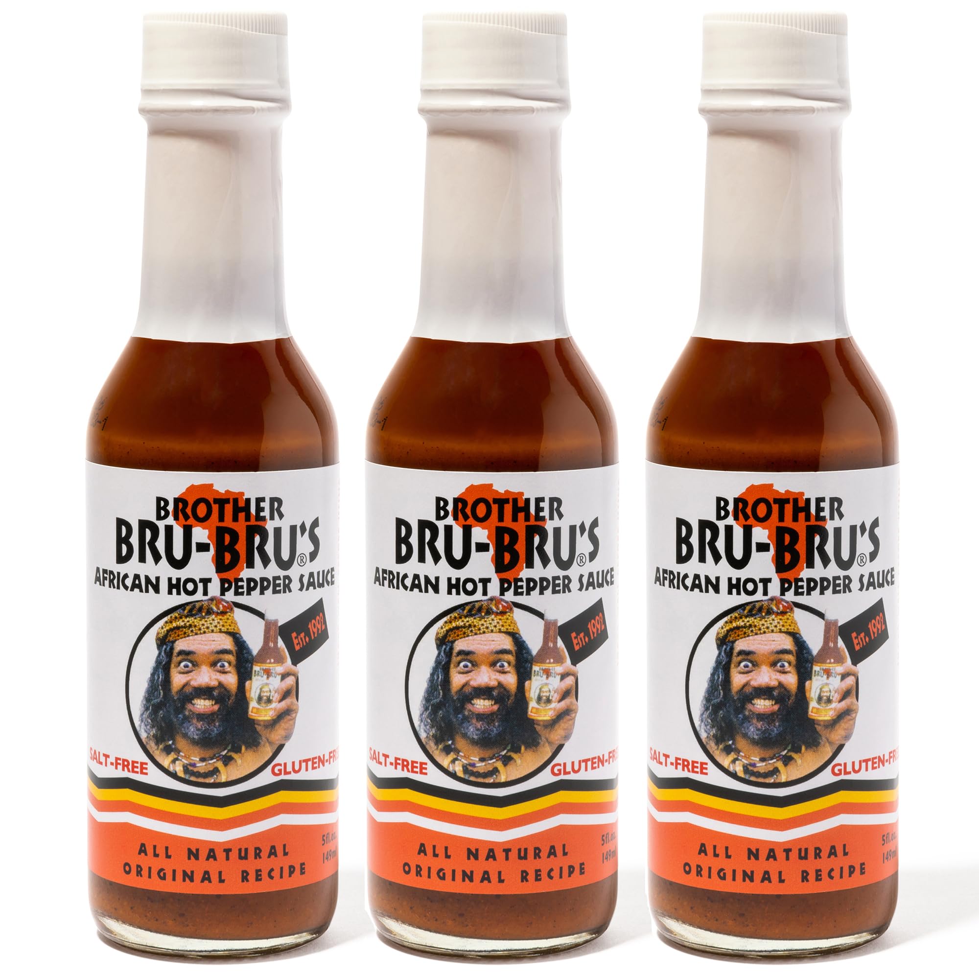 Brother Bru-Bru's African Habanero Hot Sauce - No Sodium, Salt Free, Sugar Free, Gluten Free, Vegan - Spicy Pepper Sauce & Seasoning - 5 oz (Pack of 3) - Perfect for Tacos, Wings, BBQ & Cooking