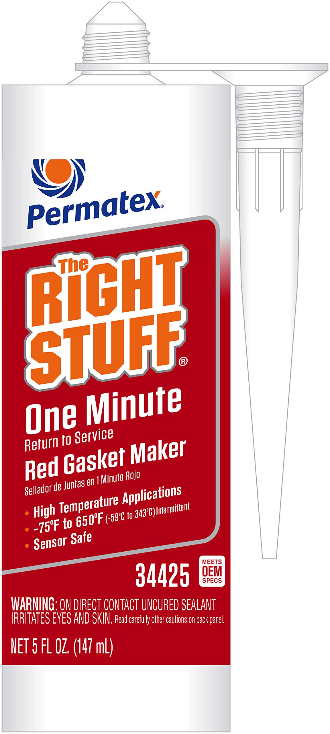 Permatex 34425 Right Stuff 1 Minute Red High Temperature Gasket Maker, 5 oz - Fast-Curing Silicone Sealant for Automotive Engines, Exhaust Systems & High Heat Applications