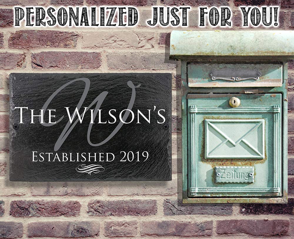 Custom Slate Family Name Plaque - Personalized with Name, Year & Initials | Durable Outdoor Patio Decor | Backyard Sign | Unique Housewarming Gift (Black/White) | Perfect for Front Porch, Garden & Entryway Decorations