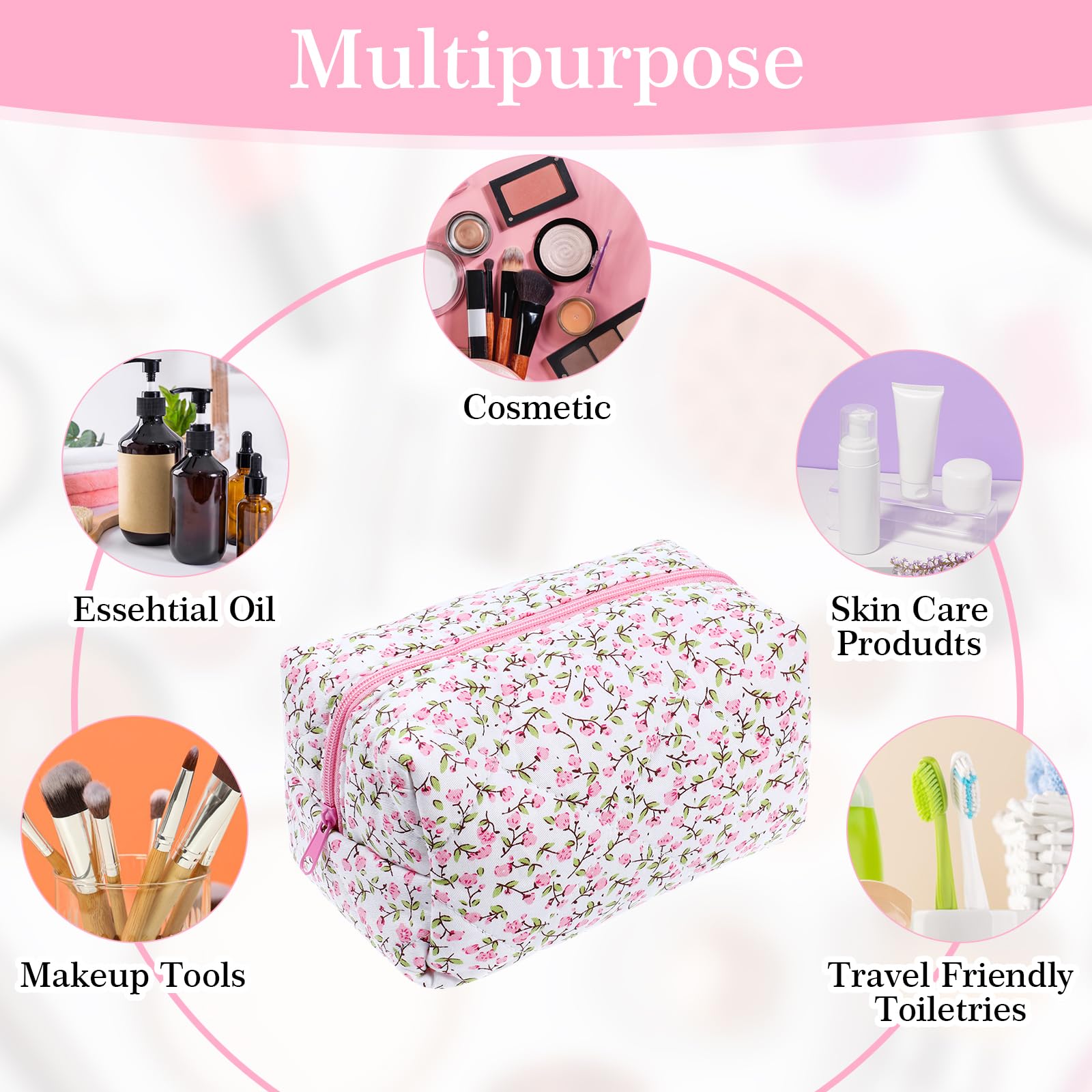 Quilted Floral Cosmetic Bag for Women - Cute Pink Makeup Organizer & Travel Toiletry Pouch | Portable Zippered Storage for Makeup Brushes, Lipsticks & Skincare | Perfect for Travel, Gym & Daily Use
