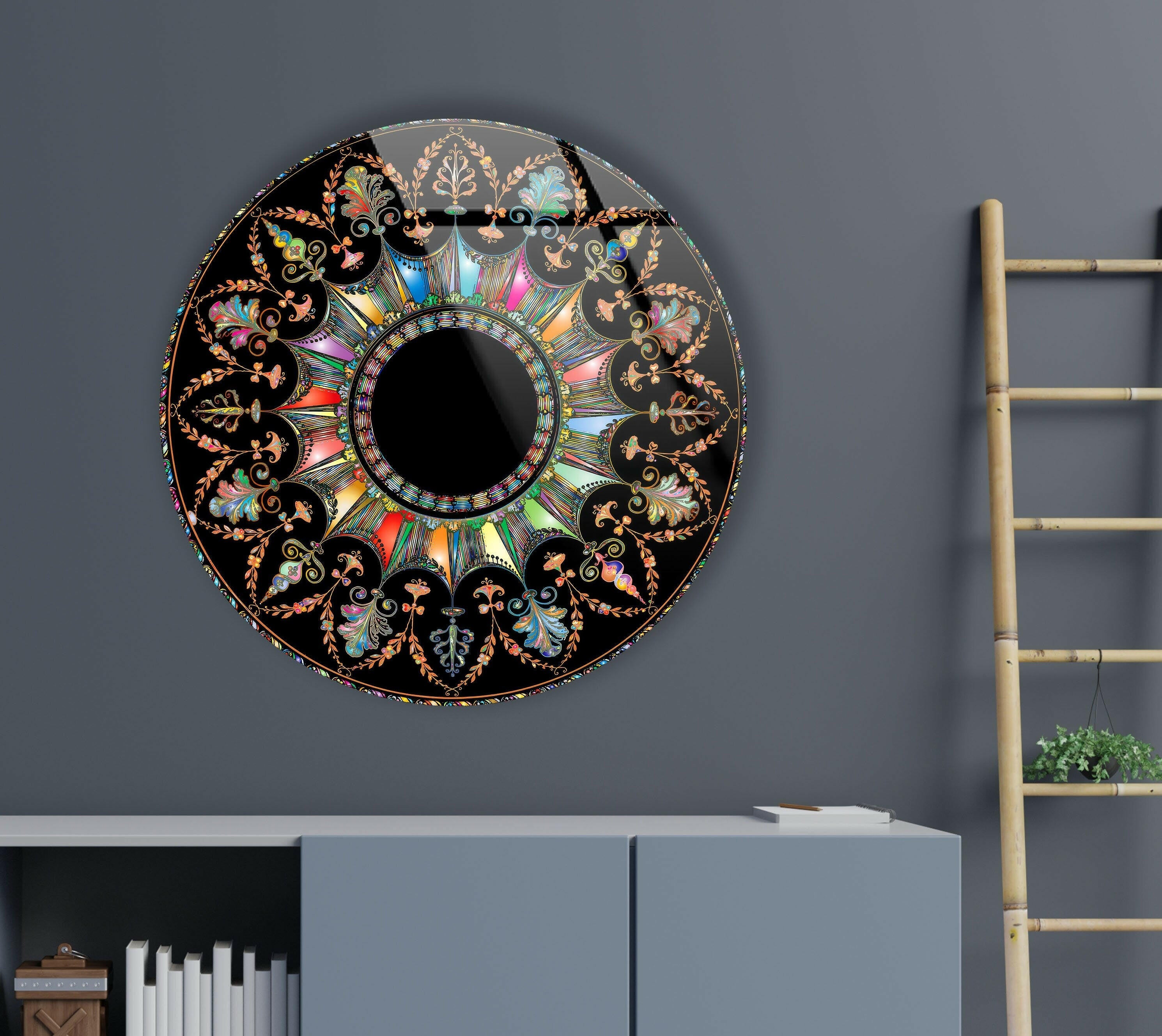 Black Mandala Round Glass Wall Art - Handmade Bohemian Decor for Living Room, Bedroom & Meditation Space