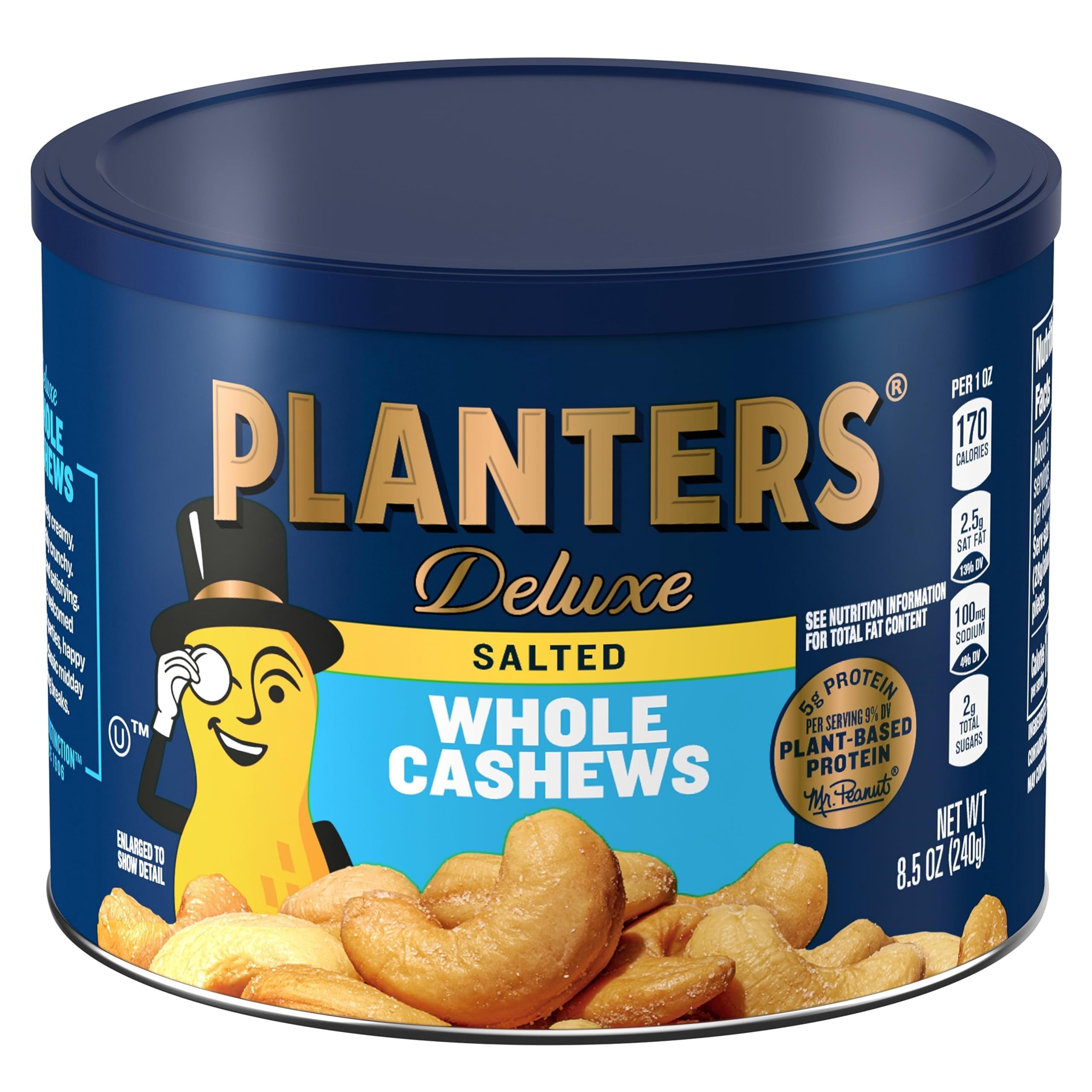 PLANTERS Deluxe Whole Cashews 8.5oz (240g) - Premium Unsalted Nuts for Snacking, Baking & Gifts - Perfect for Office, Parties & Healthy Lifestyle