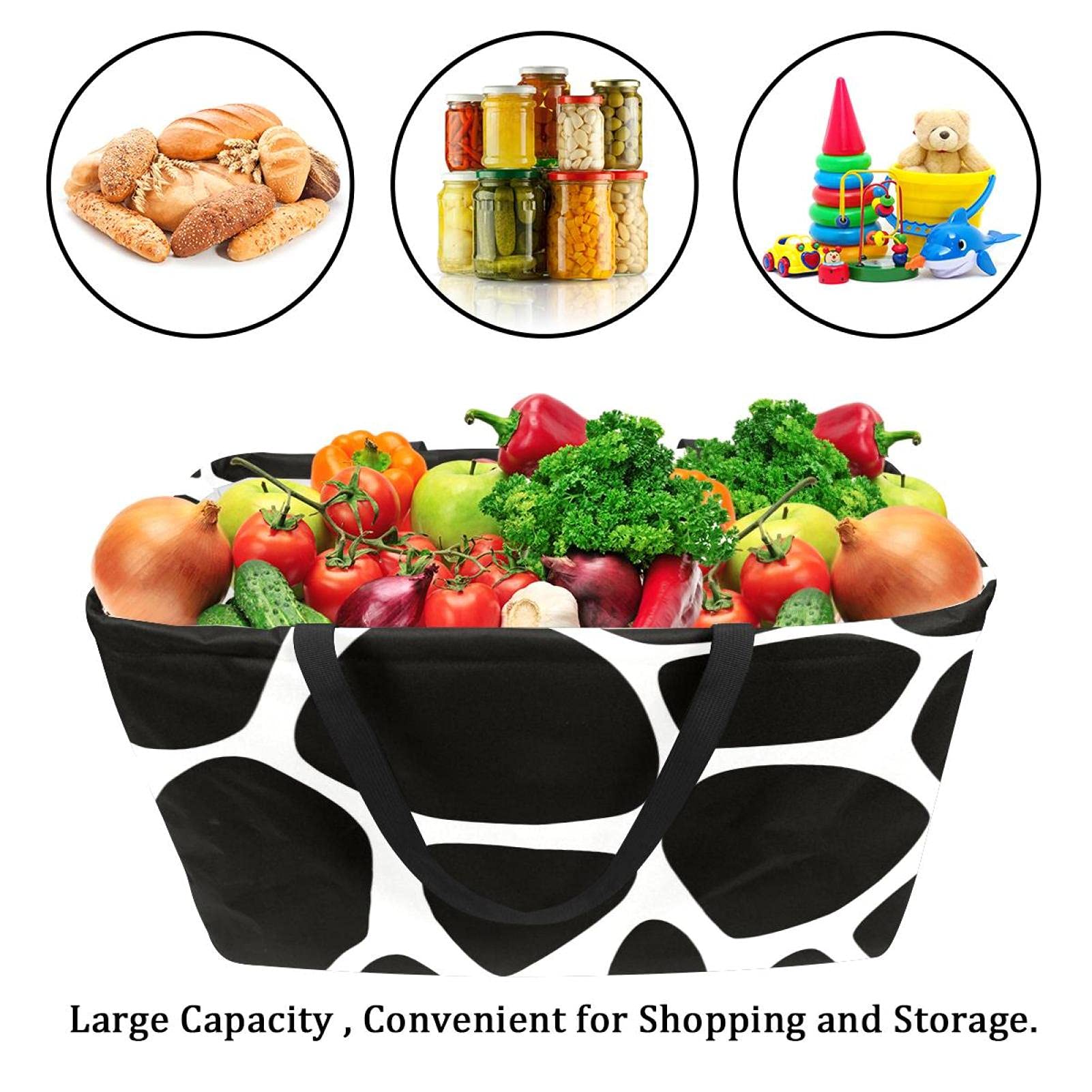 LORVIES Reusable Grocery Bags - Collapsible Storage Baskets with Long Handles, Cow Print Utility Tote for Shopping, Organizing & Home Storage | Perfect for Groceries, Laundry & Household Items