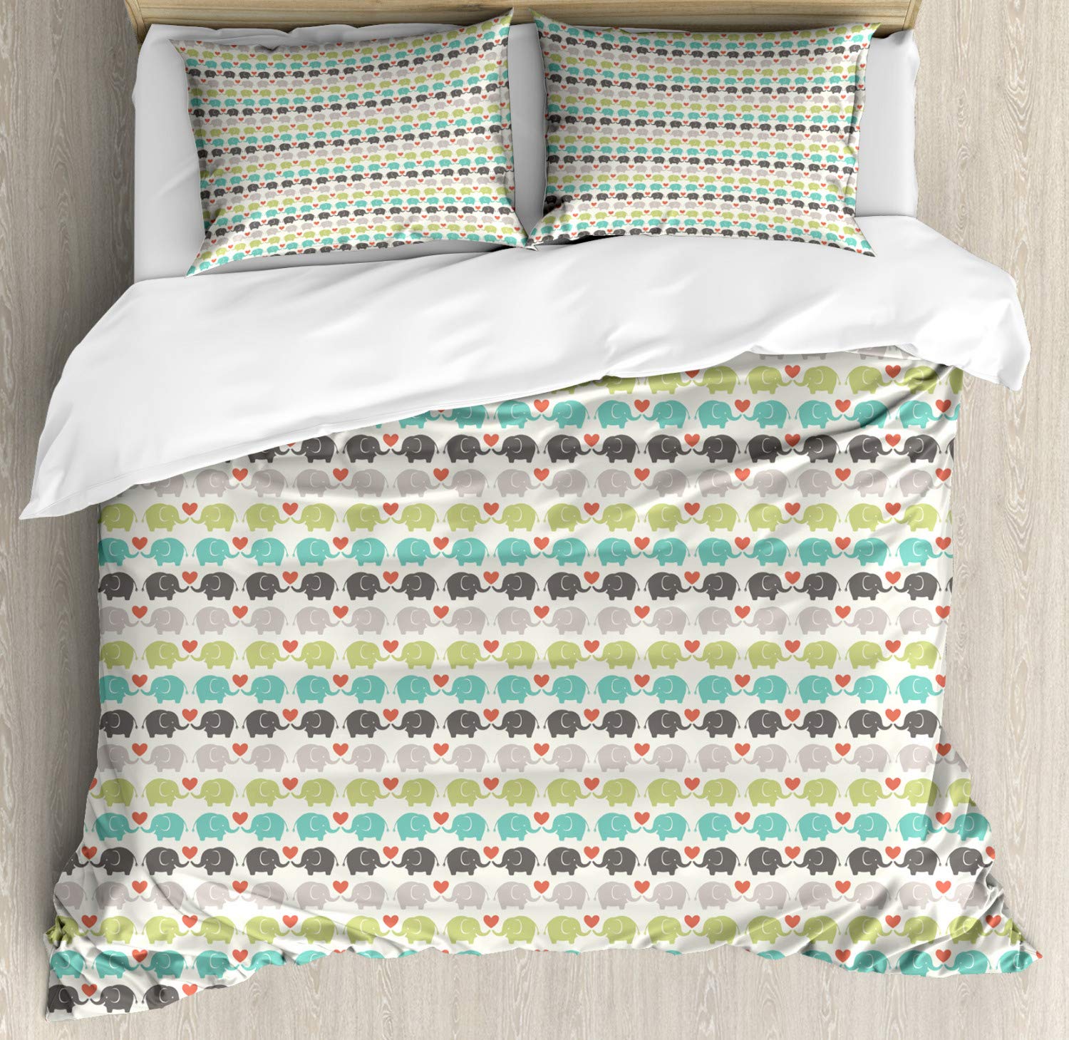 Ambesonne Cartoon Duvet Cover Set - Elephant Love Heart Silhouette 3-Piece Bedding with 2 Pillow Shams, California King Size, Multicolor | Perfect for Kids' Rooms, Nursery Decor & Romantic Bedroom Themes