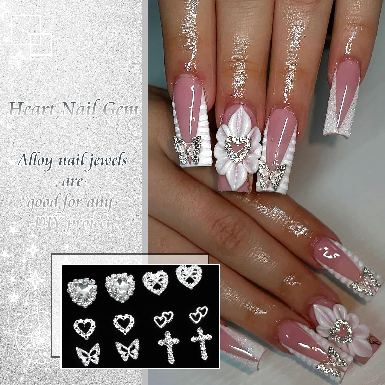 42PCS Silver Nail Charms - 3D Crystal Heart, Alloy Cross & Metal Butterfly Nail Art Gems with Rhinestones for Women | DIY Nail Decorations & Crafts | Perfect for Manicures, Parties, Bridal Nails and Gift Giving