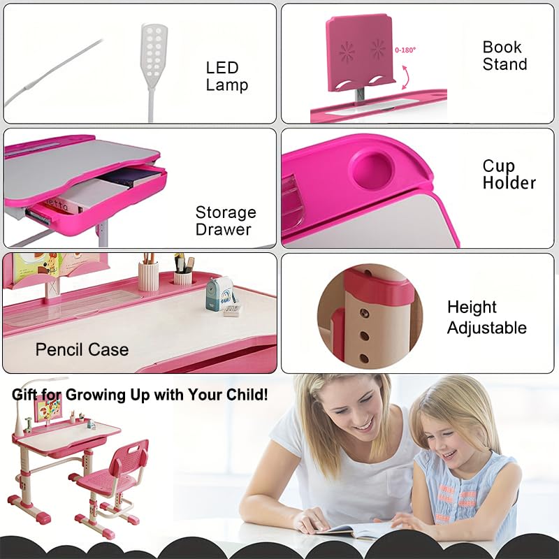 Adjustable Kids Desk and Chair Set with LED Light & Storage Drawer - Ergonomic Study Desk for Children, Tiltable Desktop for Drawing, Reading & Homework - Perfect for Bedroom, Homeschooling & Playroom (Pink)