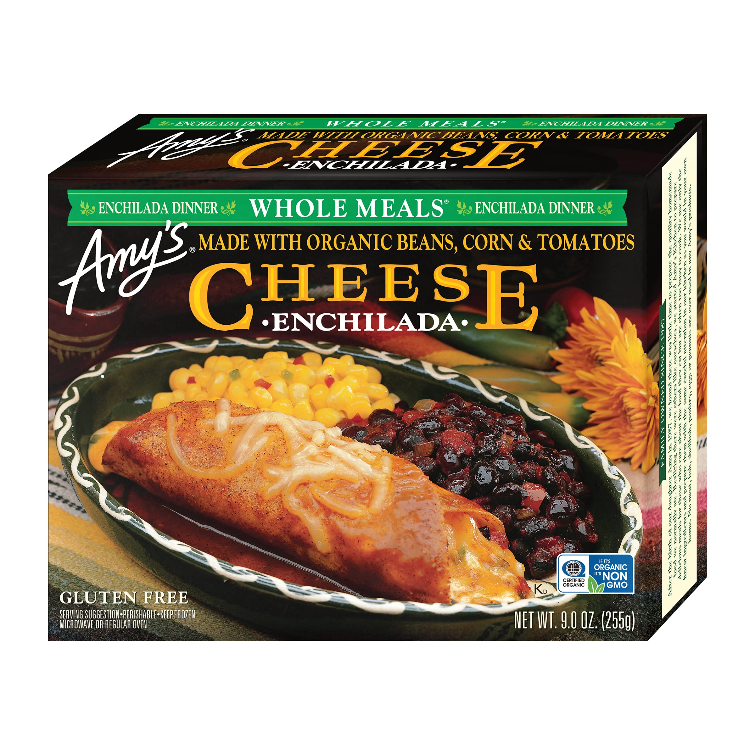 Amy's Organic Cheese Enchilada Frozen Meal - Gluten Free Microwave Dinner with Black Beans & Corn - 9oz Pack - Quick Healthy Lunch or Busy Weeknight Dinner Solution