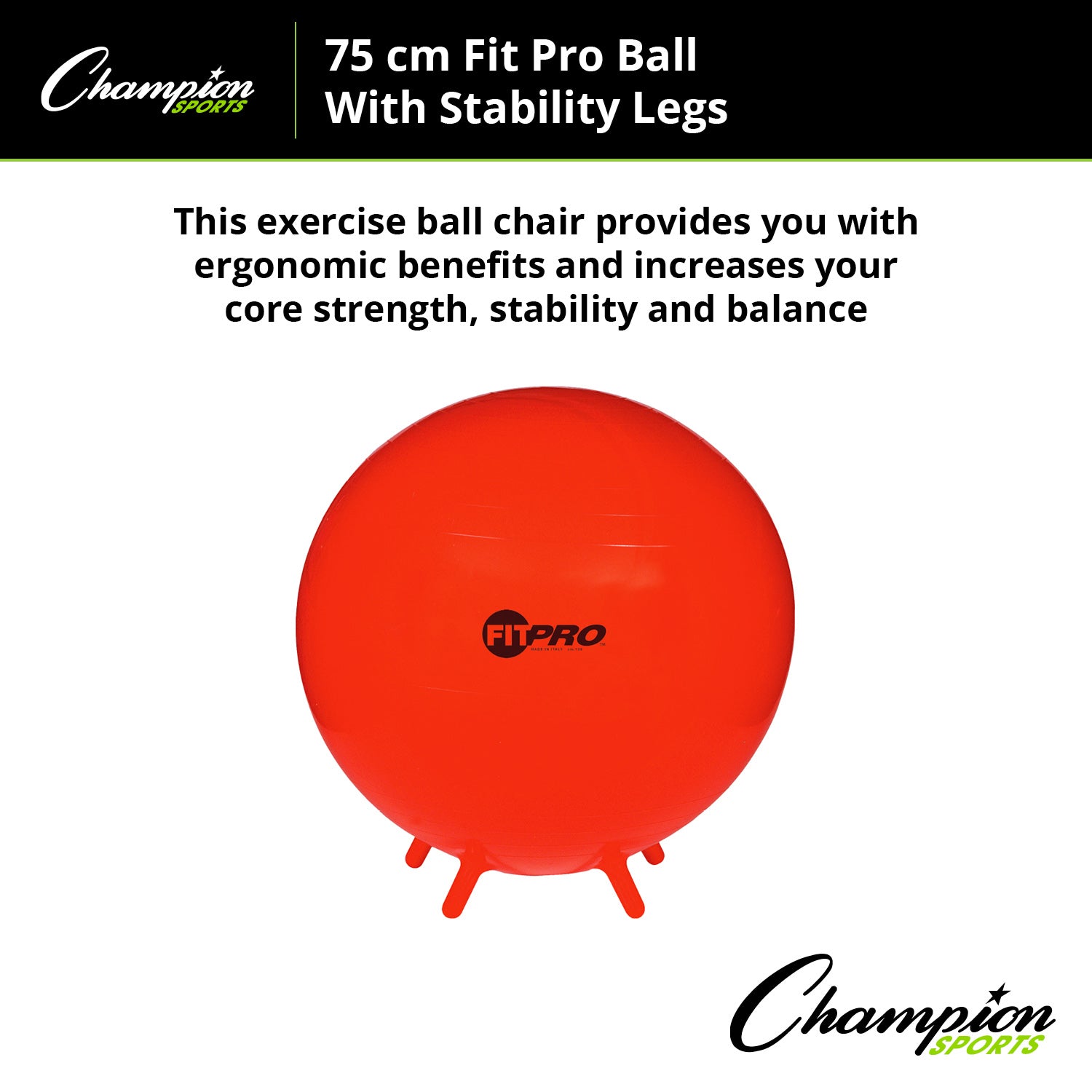 Champion Sports 75cm FitPro Exercise Stability Ball with Legs for Home Gym, Yoga, Pilates & Core Workouts - Power Red