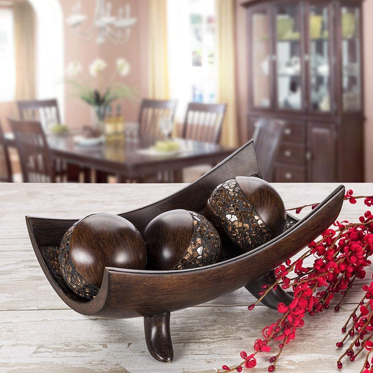 Schonwerk Brown Resin Centerpiece Bowl with 3 Matching Orbs - Elegant Coffee Table Decor for Living Room & Dining Room - Home Decor Accent Piece for Mantel, Entryway, and Wedding Centerpieces - Perfect for Holiday Gatherings and Dinner Parties
