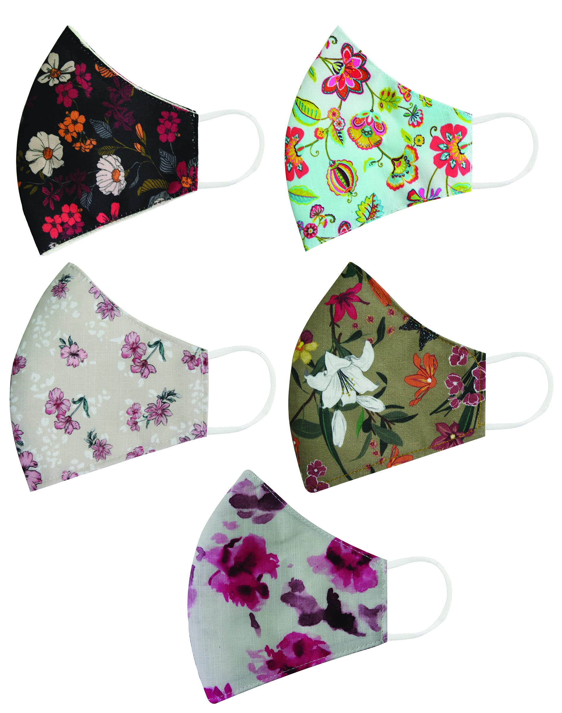 PRANIJ 5-Pack Reusable Cotton Face Masks for Adults - Soft, Breathable, Skin-Friendly & Washable with Floral Design - Perfect for Daily Use, Travel, Work & Outdoor Activities
