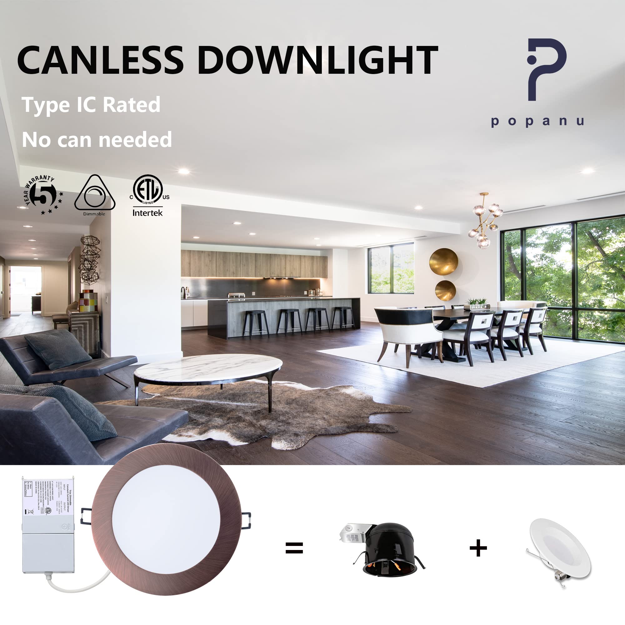 Ultra-Thin LED Canless Recessed Downlight 6 Pack - 12W 5 CCT Adjustable Ceiling Light with Junction Box, Dimmable Oil Rubbed Bronze Fixture for Bedroom, Kitchen & Living Room Lighting