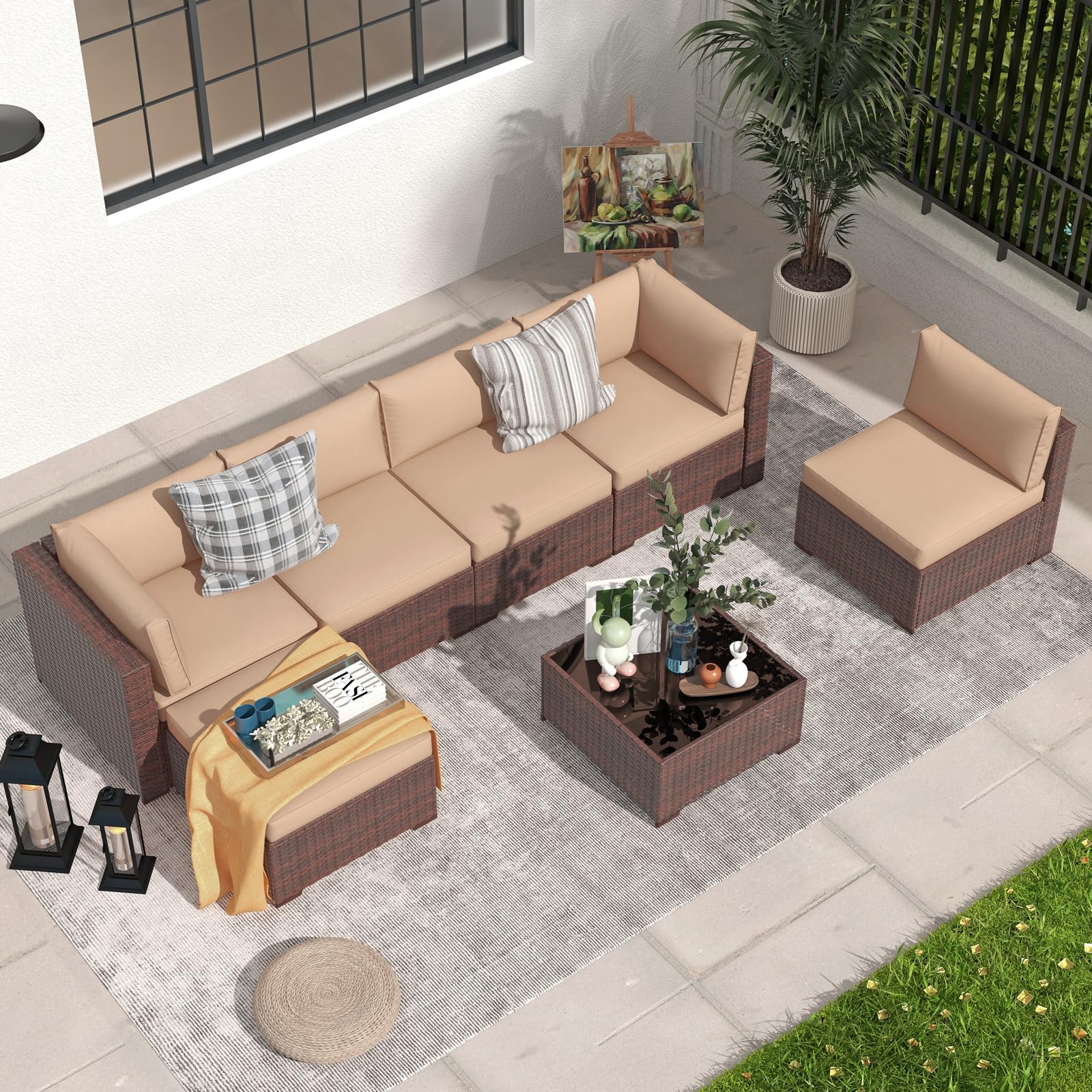 2-Piece Patio Furniture Sofa Set - All-Weather Brown PE Wicker Rattan Outdoor Sectional Sofa with Beige Cushions - Perfect for Garden, Balcony, Poolside & Backyard Relaxation