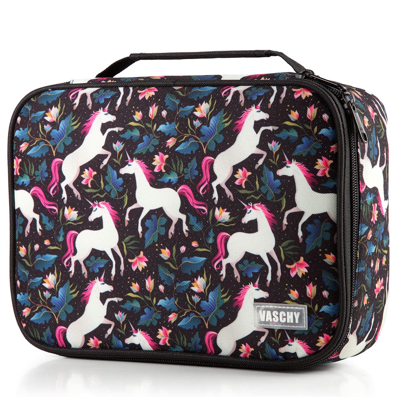 VASCHY Large Pencil Case with Detachable Pockets - for Art Supplies & School Stationery Organization - Black Unicorn Design