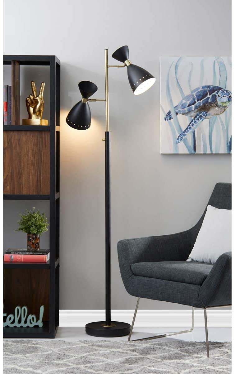 Adesso 4285-01 Oscar Tree Floor Lamp - 68 Inch Tall Black & Antique Brass Finish - 2 x 40W Bulb Capacity - Modern Lighting for Living Room, Bedroom or Office Decor
