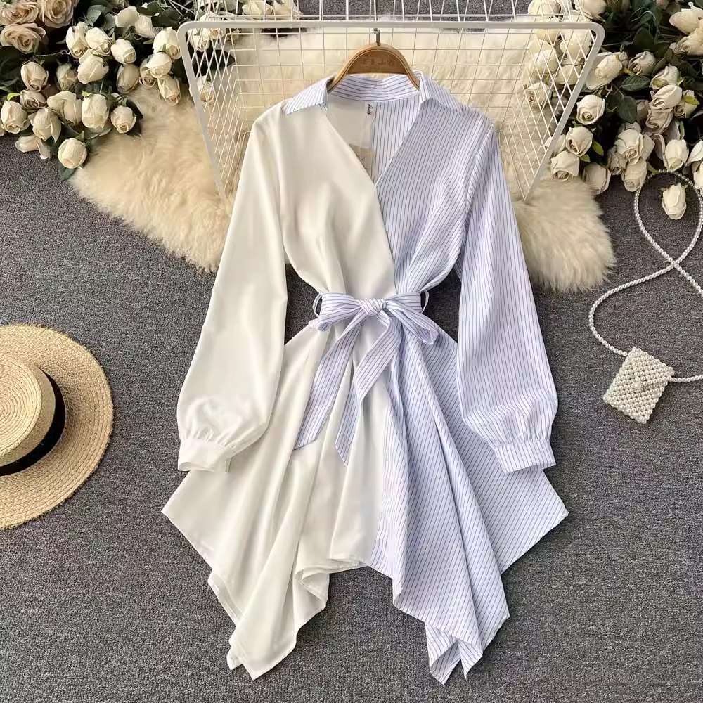 Fashion Striped Color Block Midi Shirt Dress - Trendy Irregular Pattern, Casual & Elegant Style for Women | Perfect for Office, Date Night & Summer Outings