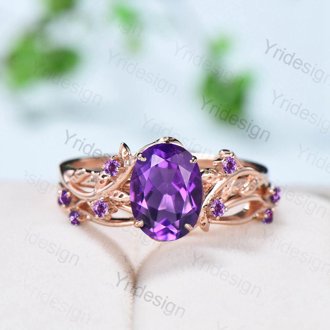 Nature Inspired Amethyst Ring Set - Rose Gold Cluster Vintage Engagement Ring with Purple Amethyst, Unique Leaf Crystal Wedding Jewelry for Women | Perfect for Bridal, Anniversary & Boho Fashion