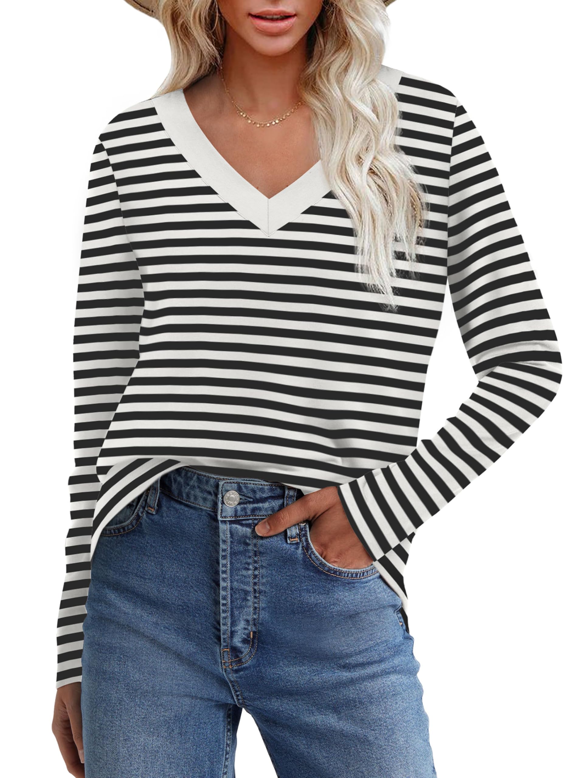 WIHOLL Women's Long Sleeve V-Neck Tunic Tops - Casual Fall Fashion Basic Shirts 2024 | Trendy T-Shirts for Work, Date Night & Everyday Wear