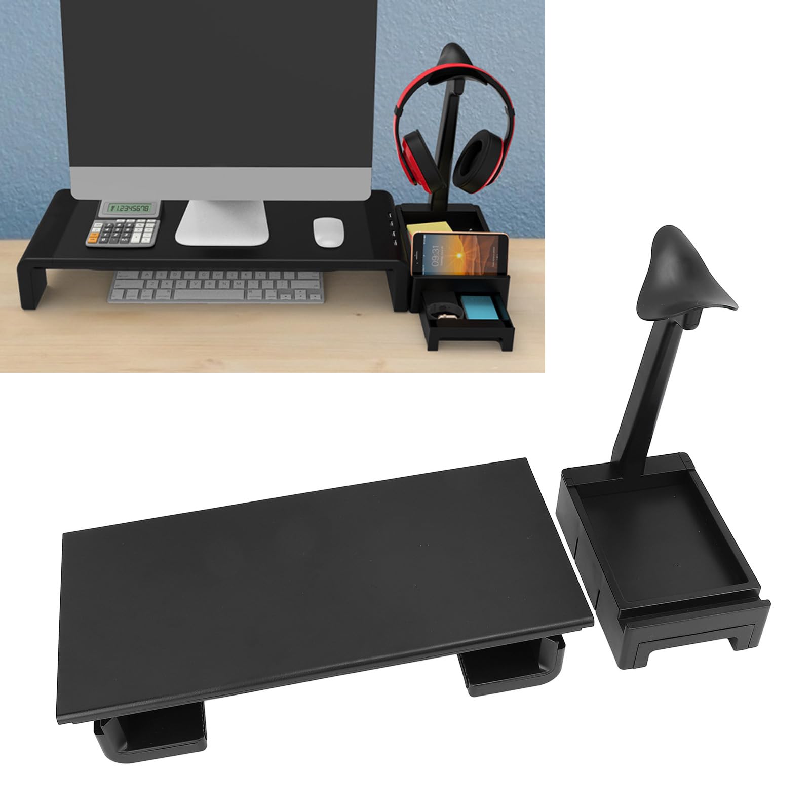HERCHR Black Monitor Stand Riser with Storage - Adjustable Computer Monitor Stand for Desk, Laptop Shelf Organizer - Perfect for Home Office, Gaming Setup & Workspace Organization