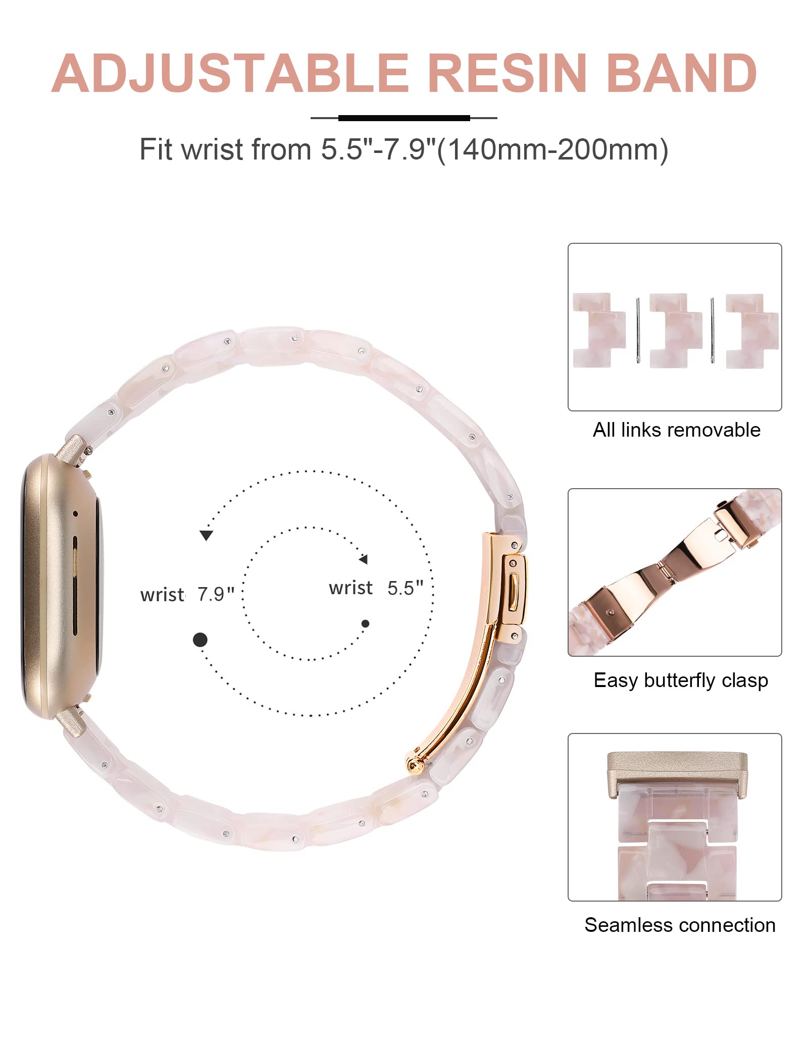Premium Wearlizer Resin Replacement Band for Fitbit Sense/Sense 2/Versa 3/Versa 4 - Lightweight Fashionable Wrist Strap Accessories for Women & Men - Perfect for Workouts, Running & Everyday Wear