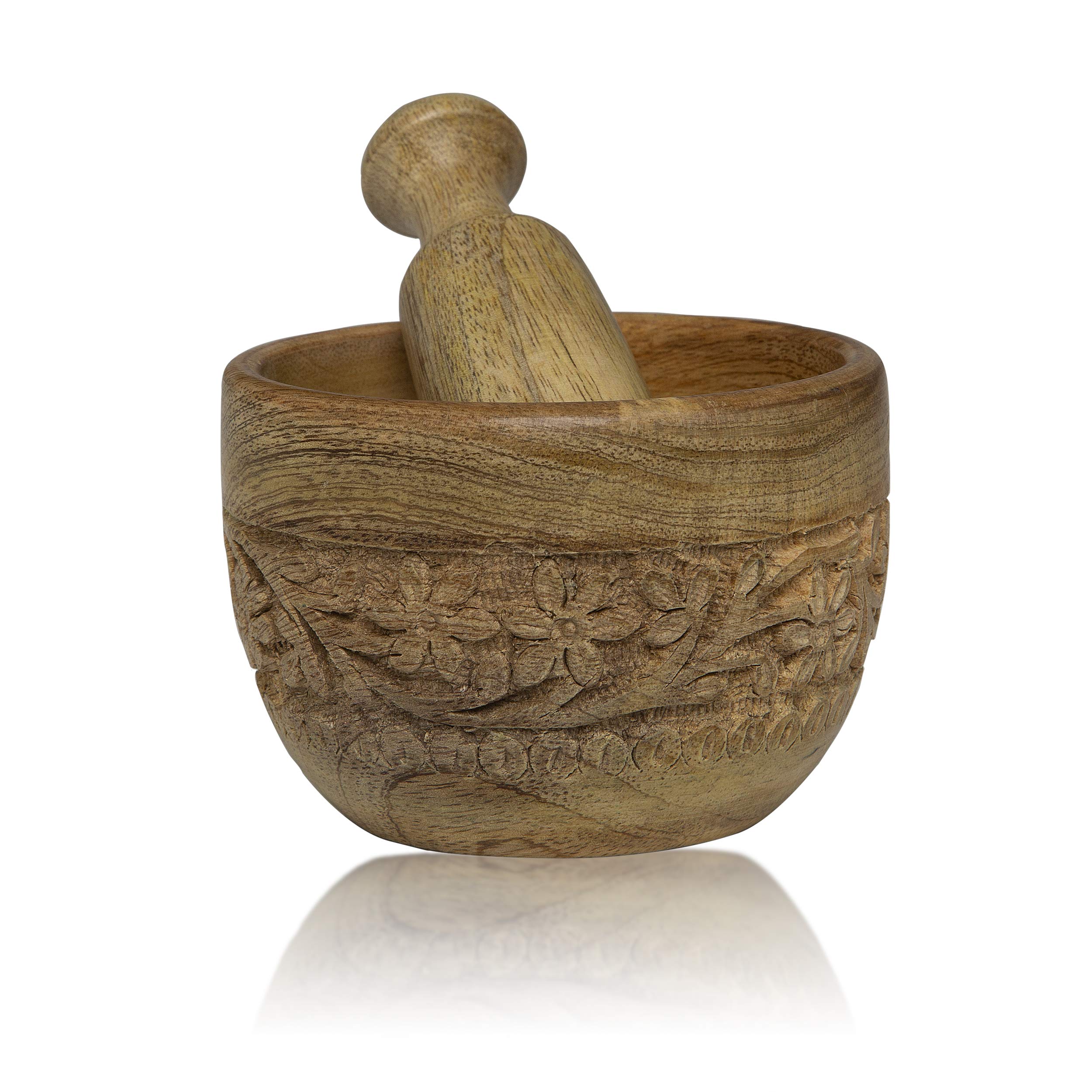 Handmade Wooden Mortar and Pestle Set - Natural Rustic Herb Grinder, Spice Mixer, Masala Crusher for Kitchen - Perfect for Grinding Herbs, Spices, Pills & Seasonings - Ideal Housewarming Gift & Kitchen Utensil for Cooking Enthusiasts