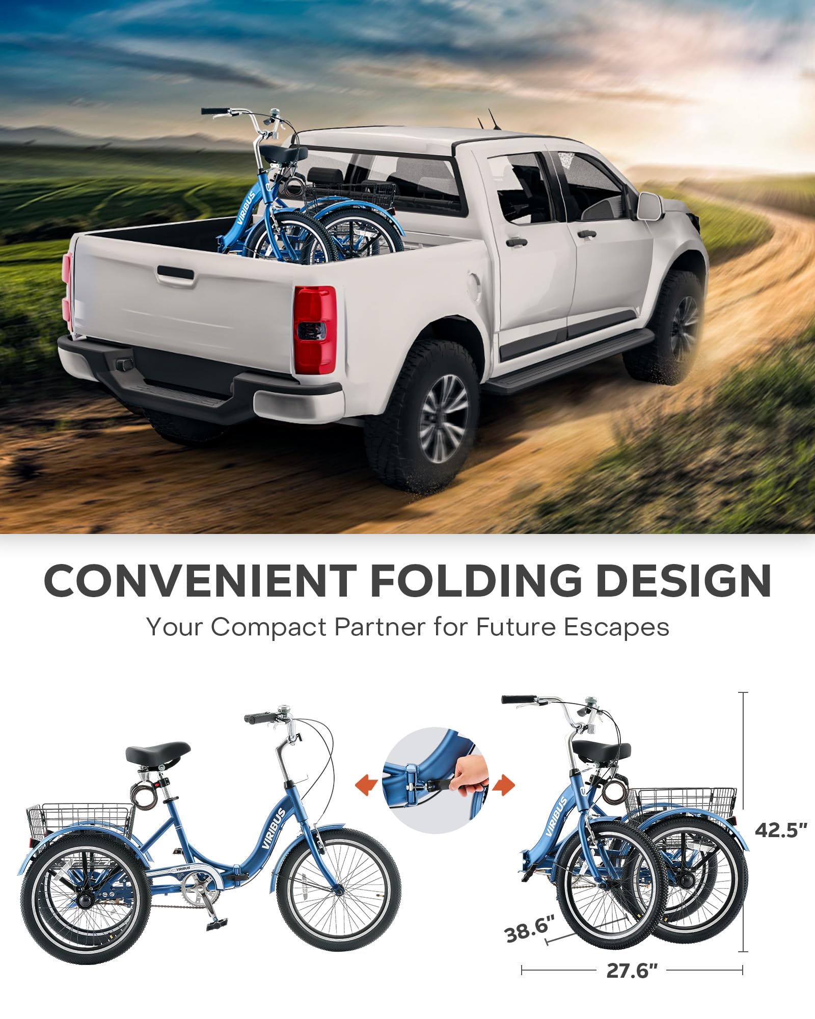 Viribus 20 Inch Folding Adult Tricycle - 1 or 7 Speed 3 Wheel Bike with Lock, Foldable Trike for Men, Women & Seniors (330lb Capacity) - Perfect for Commuting, Shopping & Leisure Rides