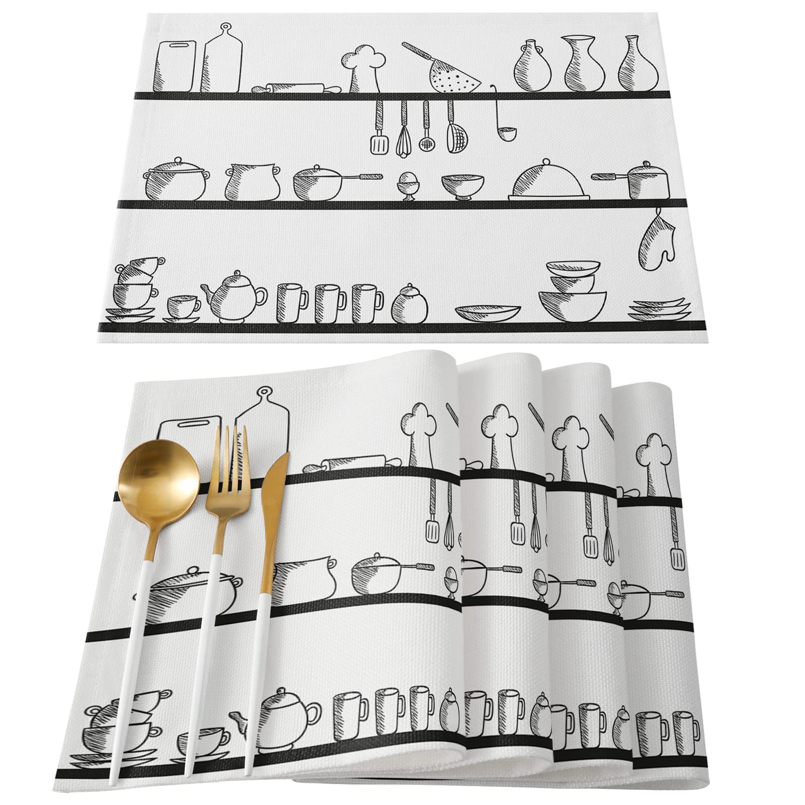 6-Piece Non-Slip Heat Resistant Placemats Set - Black & White Sketch Design Table Mats for Kitchen Dining, Perfect for Holiday Parties, Weddings & Home Decor