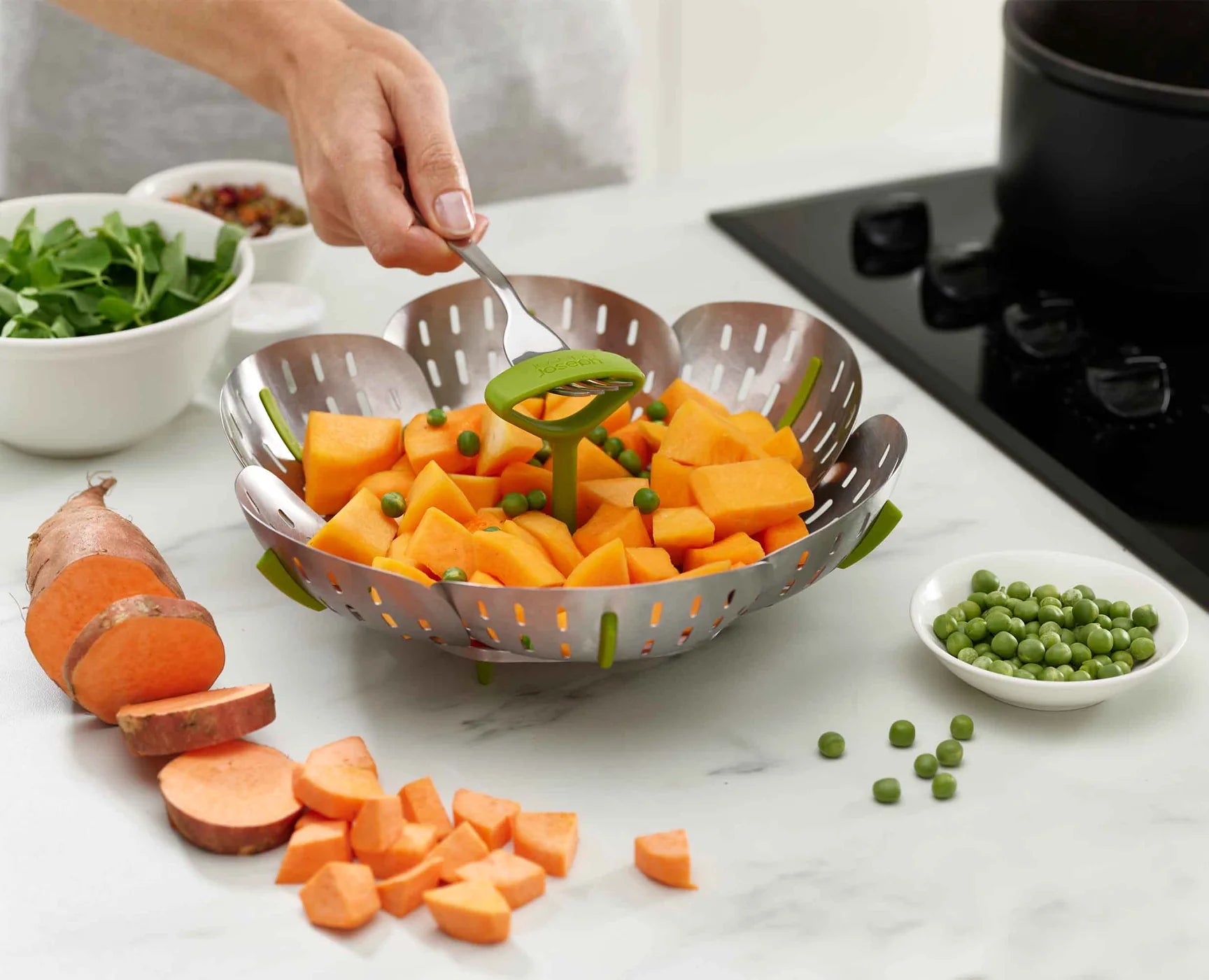 Bloom Folding Steamer Basket for Vegetables & Dumplings - Stainless Steel Collapsible Food Steamer for Healthy Cooking - Perfect for Stovetop, Instant Pot & Microwave Use