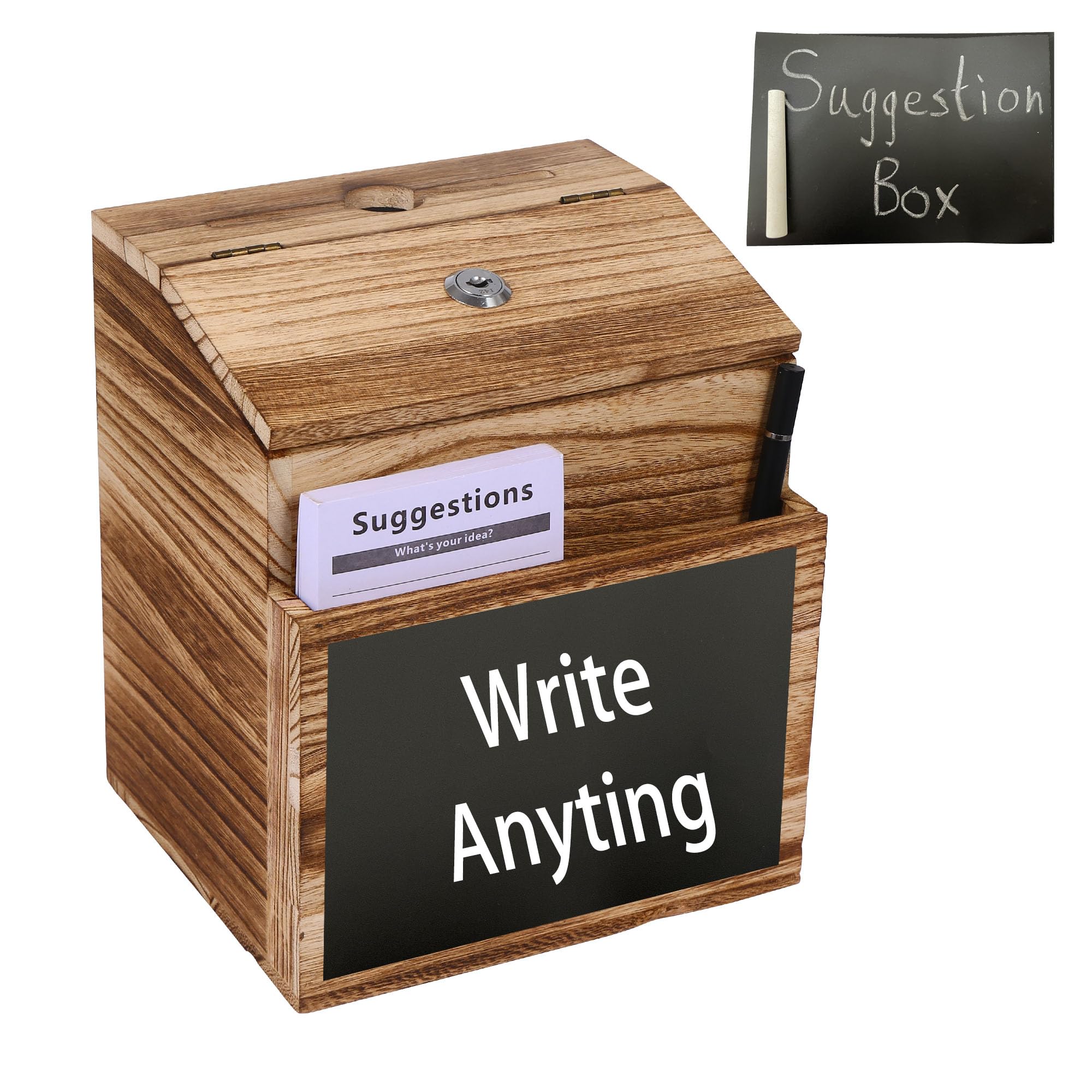 Wooden Suggestion Box with Lock - Secure Comment Card & Ballot Box for Office, School or Voting - Wall Mount or Freestanding in Classic Brown Finish