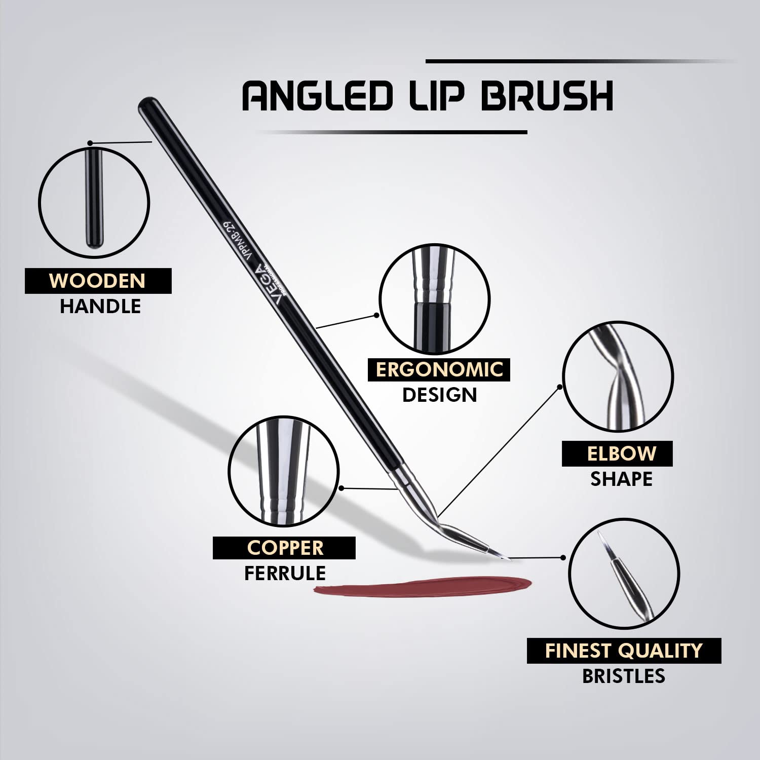 VEGA PROFESSIONAL Angled Lip Brush - Soft Bristles for Precise Makeup Application, Copper Ferrule & Wooden Handle (VPPMB-29) - Perfect for Liquid Lipstick, Lip Gloss & Lip Liner Application
