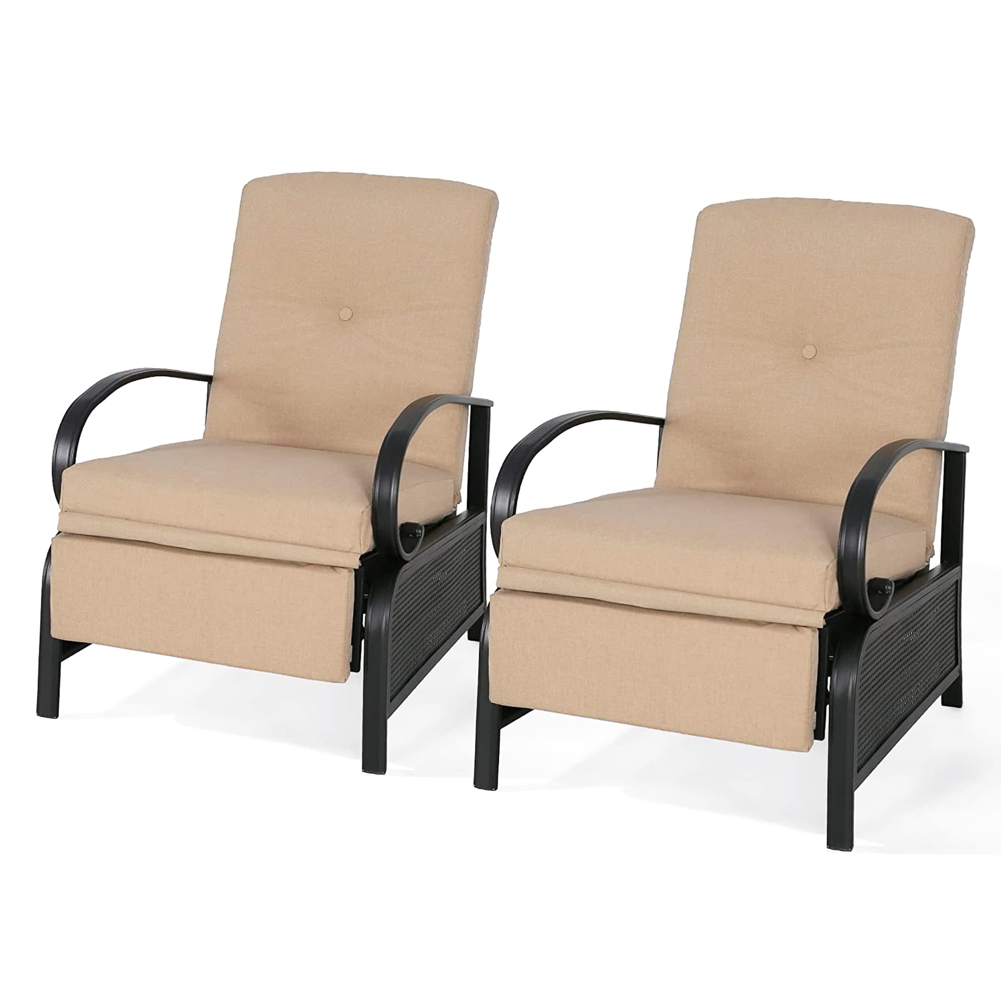Ulax Adjustable Patio Recliner Chair Set of 2 - Outdoor Metal Lounge Chairs with Thick Cushions, Reclining Sofa for Backyard, Poolside & Deck Relaxation - Beige
