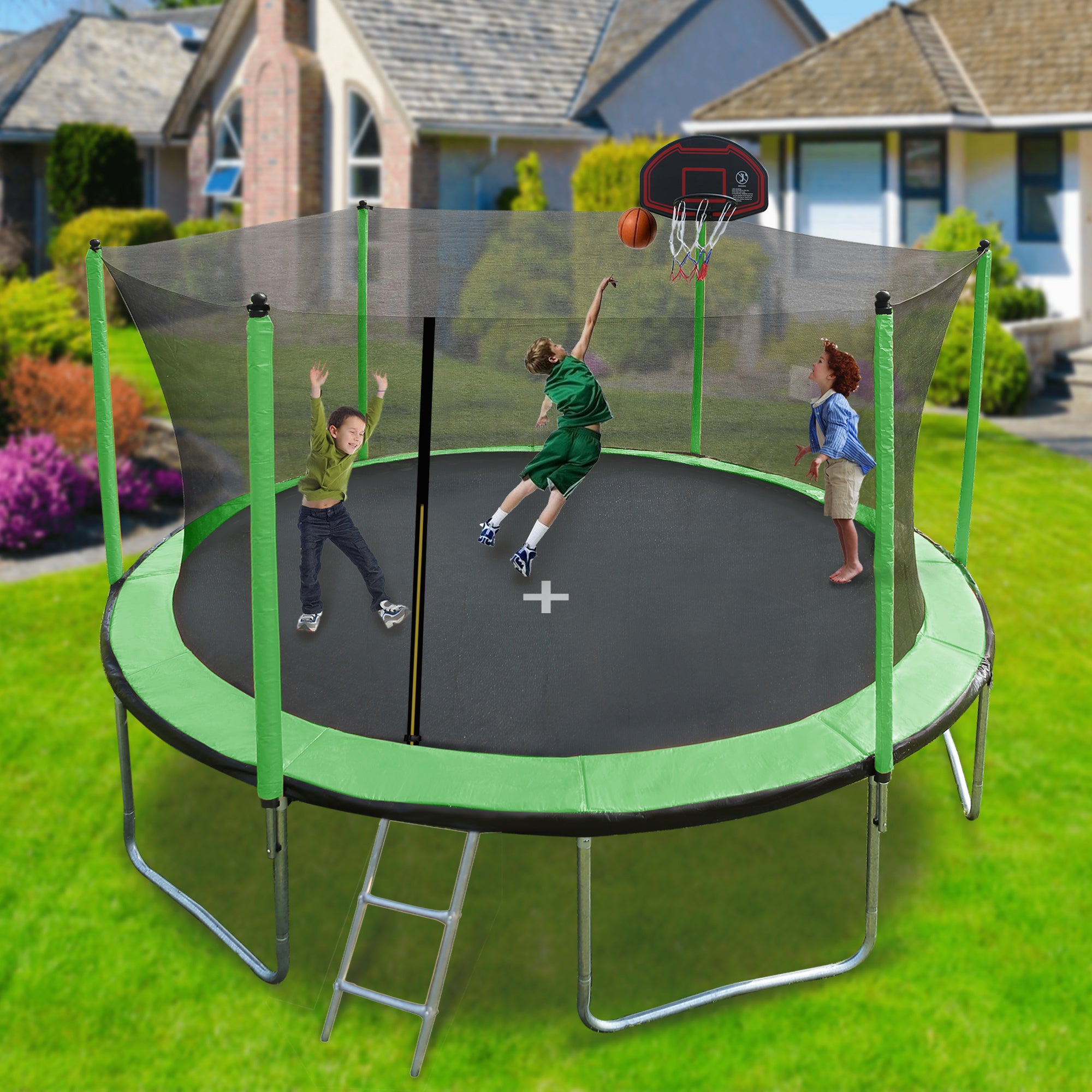 15FT Trampoline with Basketball Hoop, Air Pump & Safety Ladder - Heavy Duty Outdoor Bounce Mat with Enclosure Net for Kids & Adults - Perfect for Backyard Fun, Exercise & Family Activities (Green)