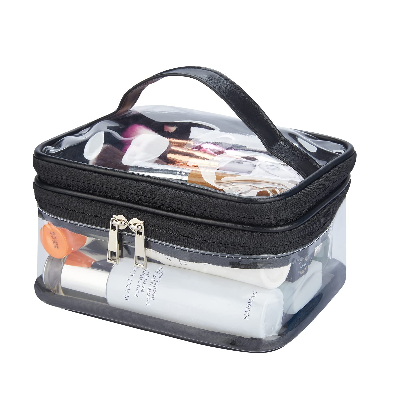 Double Layer Clear Cosmetic Bag - Waterproof Travel Makeup Organizer for Toiletries | Transparent PVC Makeup Pouch for Hair & Nail Accessories | Perfect for Beach, Gym, Travel & Daily Organization (Black)