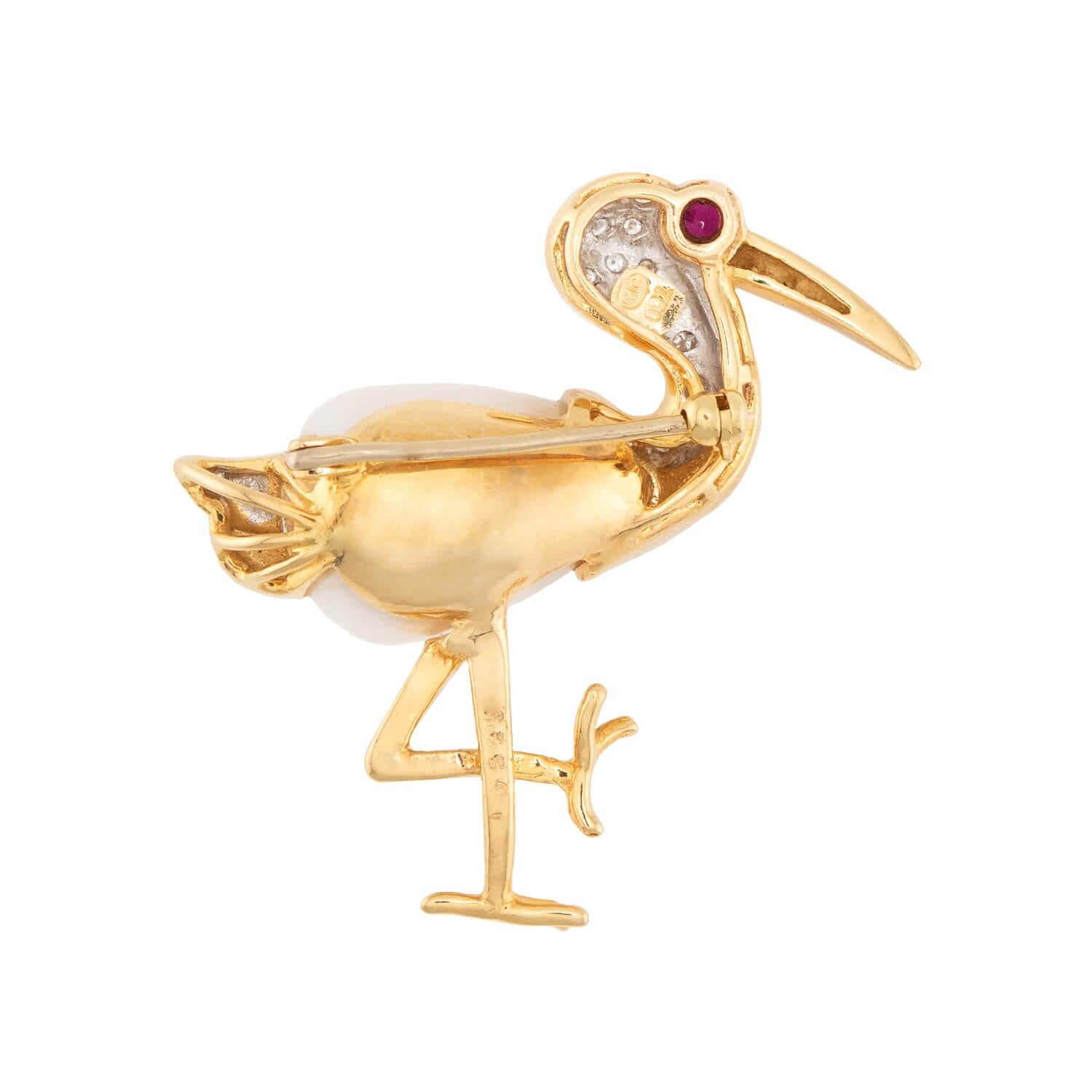 18k Gold Diamond Ruby Pearl Heron Brooch Pin - Elegant Vintage Jewelry for Women, Perfect Gift for Weddings, Anniversaries & Special Occasions
