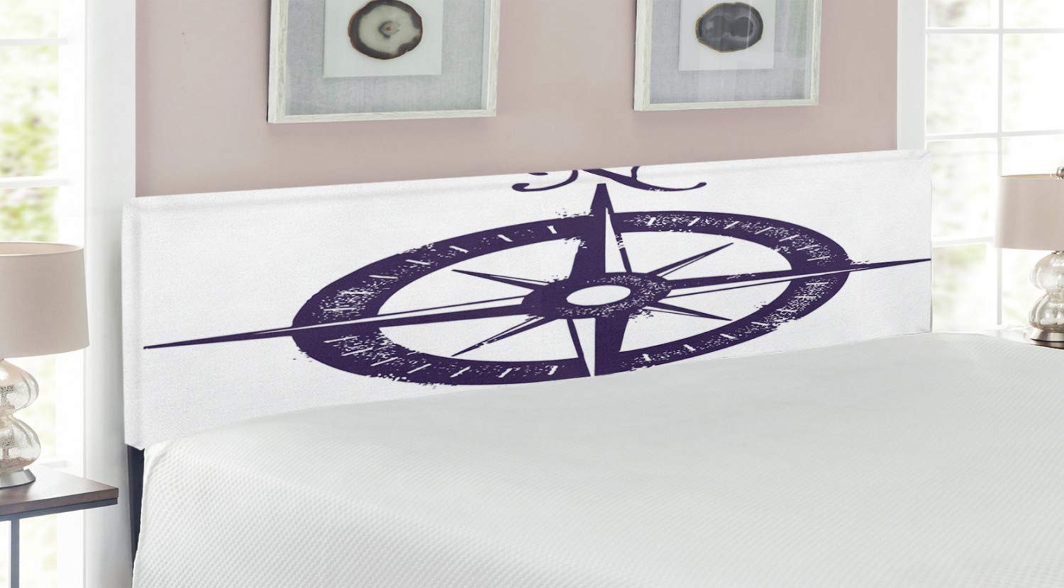 Ambesonne King Size Upholstered Metal Bed Headboard with Memory Foam - Nautical Compass & Windrose Design in Dark Purple & White | Perfect for Coastal, Nautical or Bedroom Decor