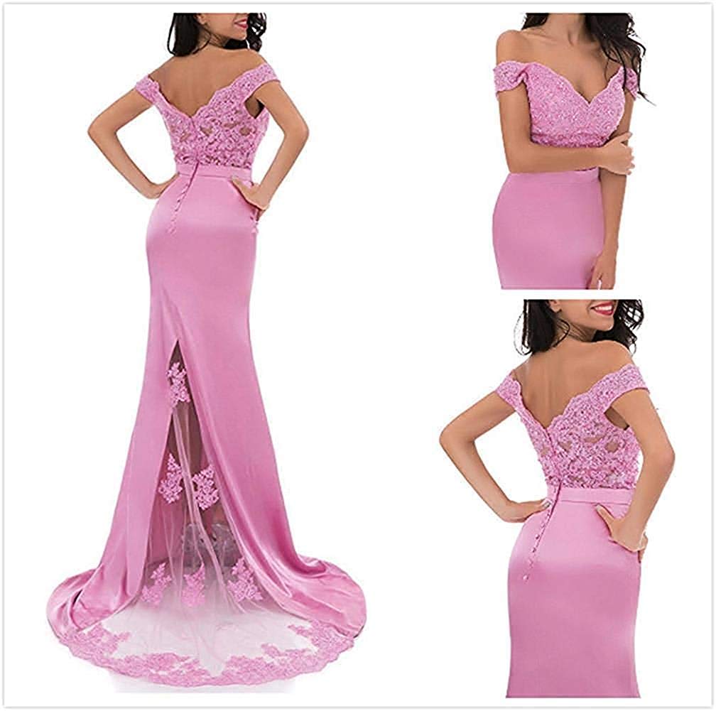 Honeydress Women's Lace Applique Mermaid Evening Gown - Long Satin Off Shoulder Formal Dress for Wedding, Prom & Special Occasions