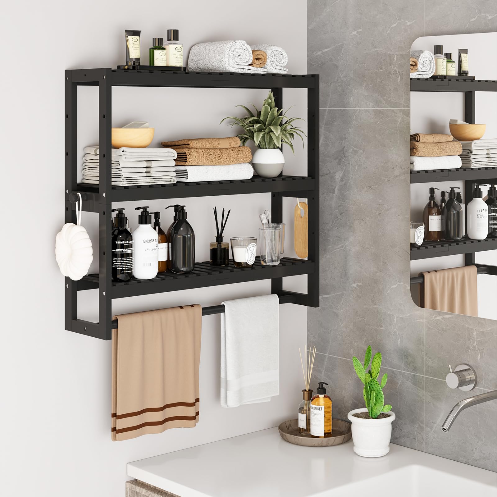 RRX 3-Tier Adjustable Bamboo Bathroom Shelf Organizer - Over Toilet Storage Shelf with Hanging Bar, Freestanding Design for Bathroom Organization (Black) - Perfect for Small Bathrooms, Apartments & Space-Saving Storage Solutions