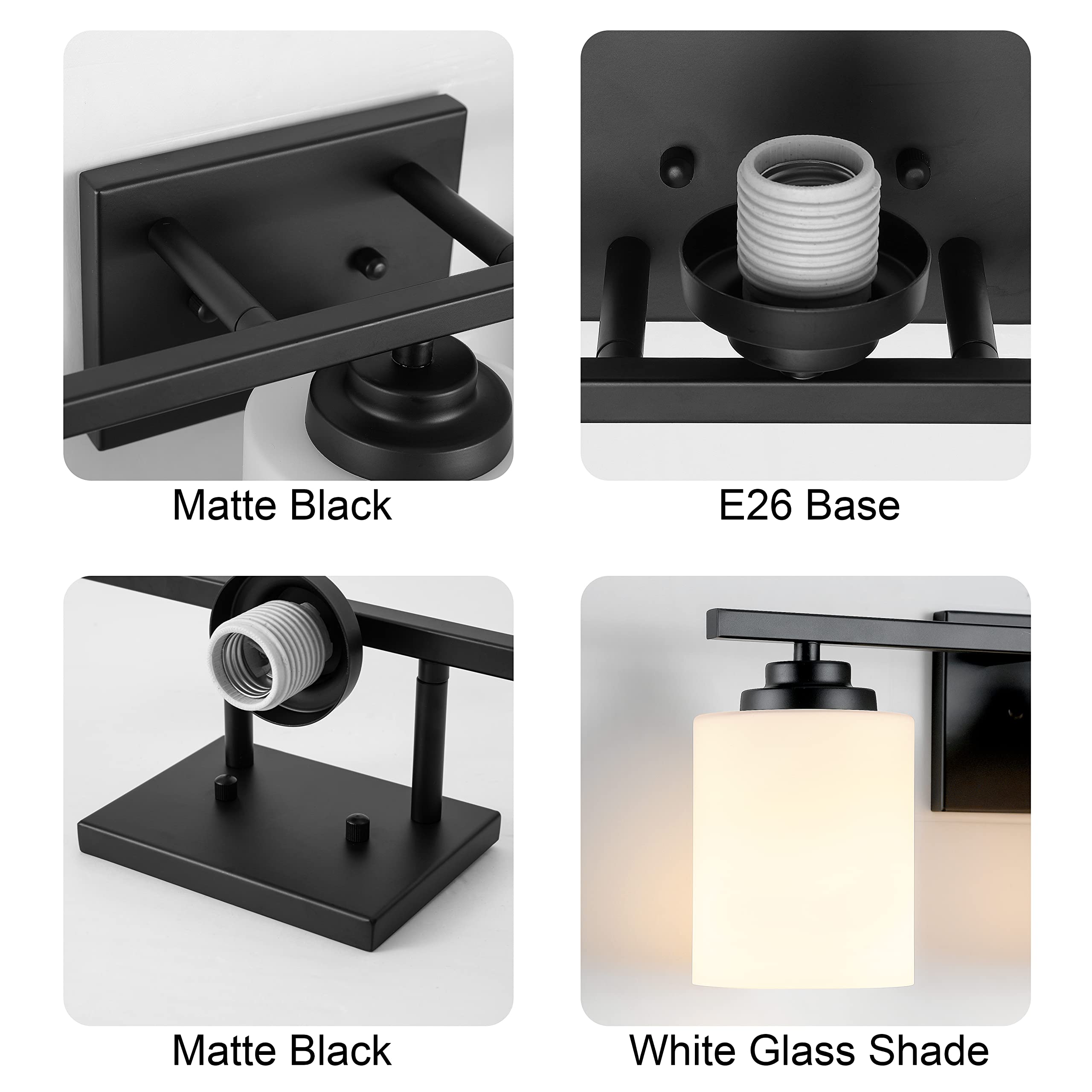 Black Bathroom Light Fixtures - 4-Light Rustproof Vanity Light, 27-Inch Modern Wall Mount Lighting with Milky White Glass, Standard E26 Base - Perfect for Bathroom Vanity, Living Room, and Bedroom Lighting