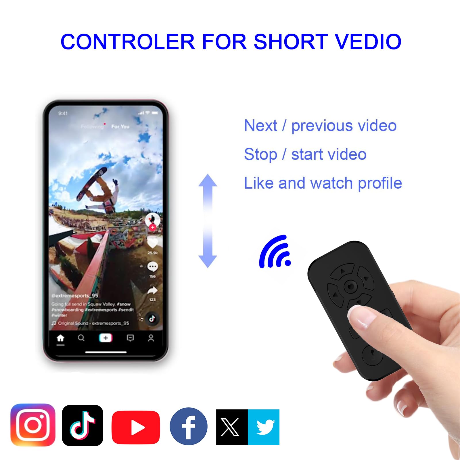 Bluetooth Remote Control for iPhone & Android - TikTok Scroller, Kindle Page Turner, Photo/Video Clicker with Phone Stand & Hand Strap (Black) - Perfect for Social Media, Reading & Presentations