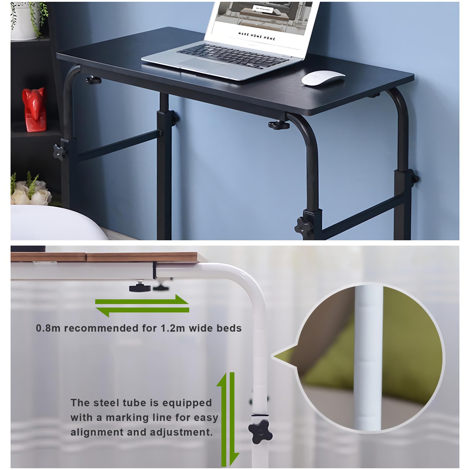 Adjustable Overbed Table with Wheels - Mobile Laptop Desk Cart with Tilt Stand & Storage Shelf - Rolling Tray Table for Hospital, Home Office, Bedroom (White, 31