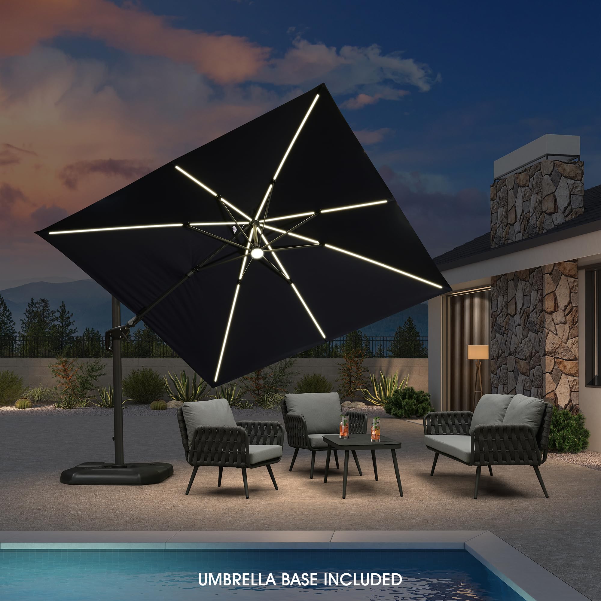 PURPLE LEAF 10ft Solar LED Patio Umbrella with 360° Rotation & Aluminum Base - Navy Blue Outdoor Offset Umbrella for Garden, Pool, Deck & Backyard Relaxation