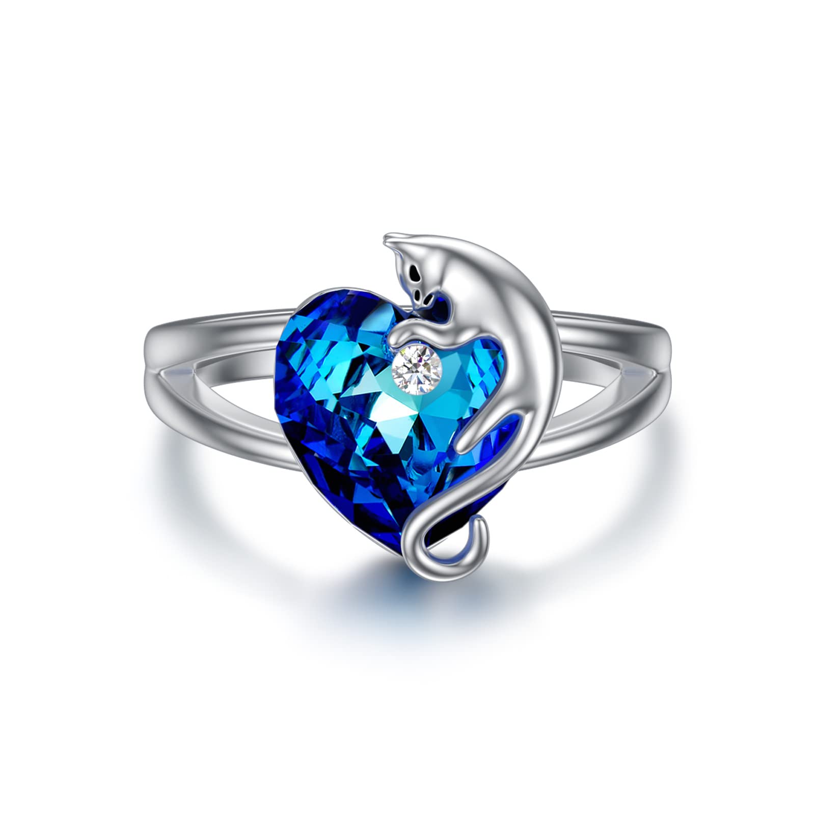 AOBOCO 925 Sterling Silver Cat Ring with Heart Crystal from Austria - Dainty Cat Jewelry for Women, Perfect Cat Lover Gift for Birthday, Anniversary & Valentine's Day - Wear to Parties, Dates & Special Occasions