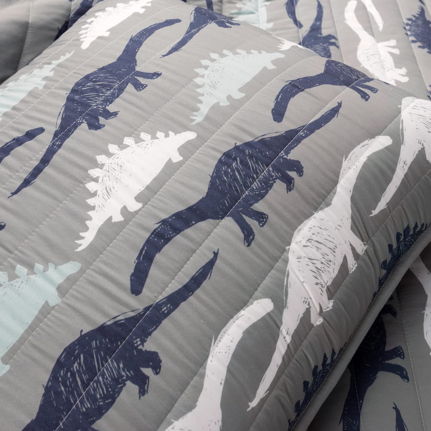 Lush Decor Stone Age Dinosaur Quilt Set - 3 Piece Reversible Kids Bedding (Full/Queen Size) in Navy, Gray & Toddler Blue - Perfect for Boys' Bedrooms, Nursery Decor & Dinosaur Theme Rooms