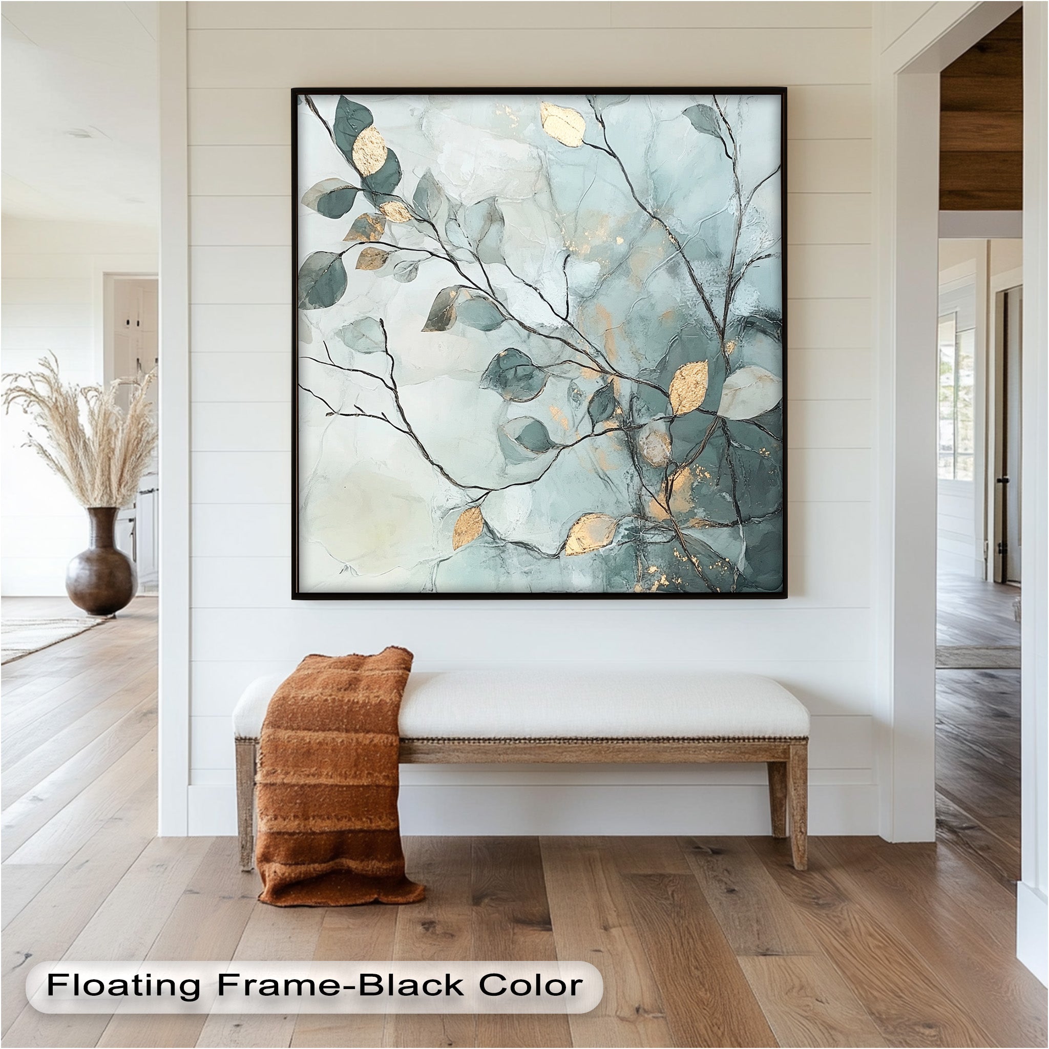 Blue and Metallic Leaf Branch Abstract Oil Painting - Handmade Canvas Wall Art for Living Room, Bedroom & Office Decor
