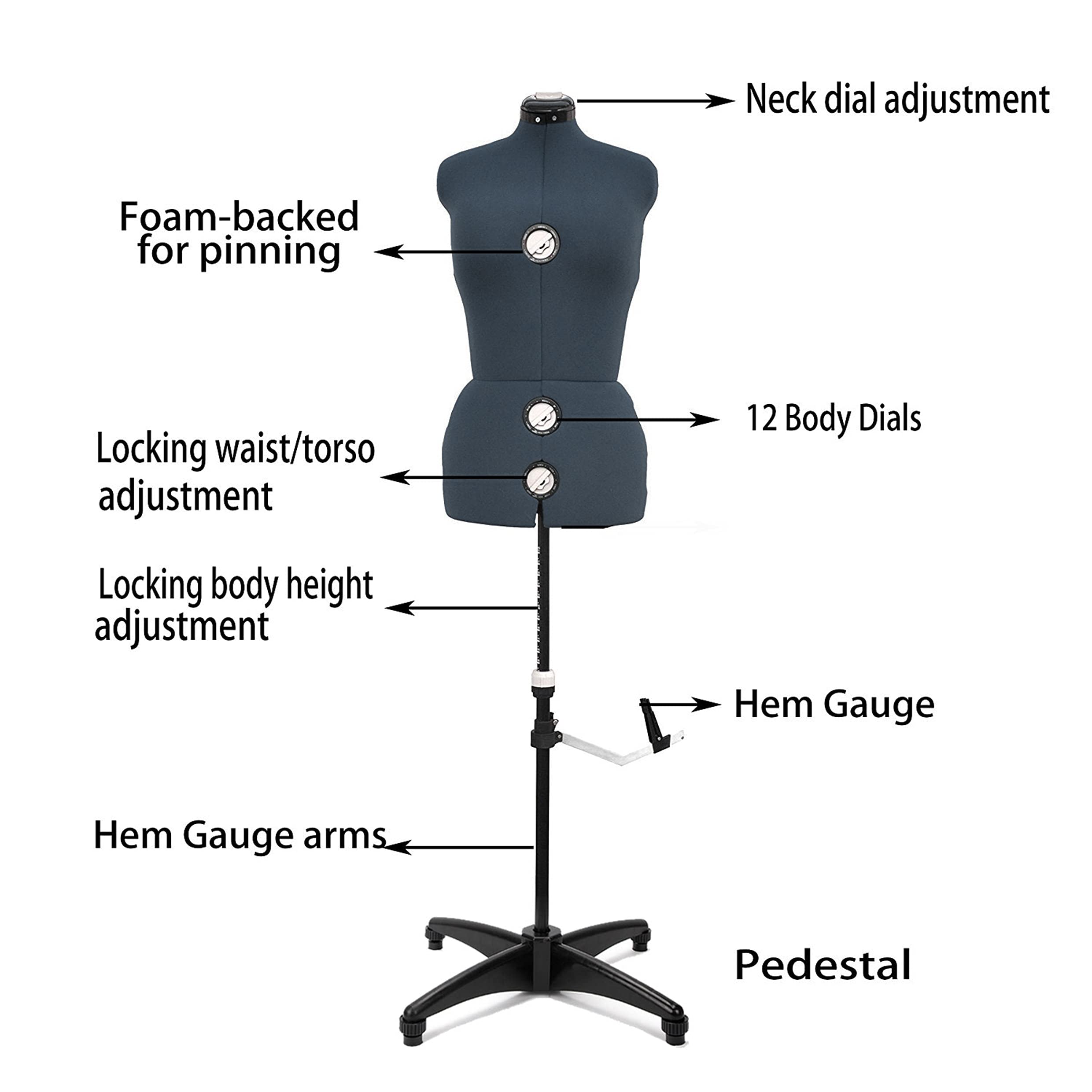 BHD BEAUTY Adjustable Dress Form Mannequin - 13 Dials, Dark Gray Fabric, Tri-Pod Stand, Up to 70